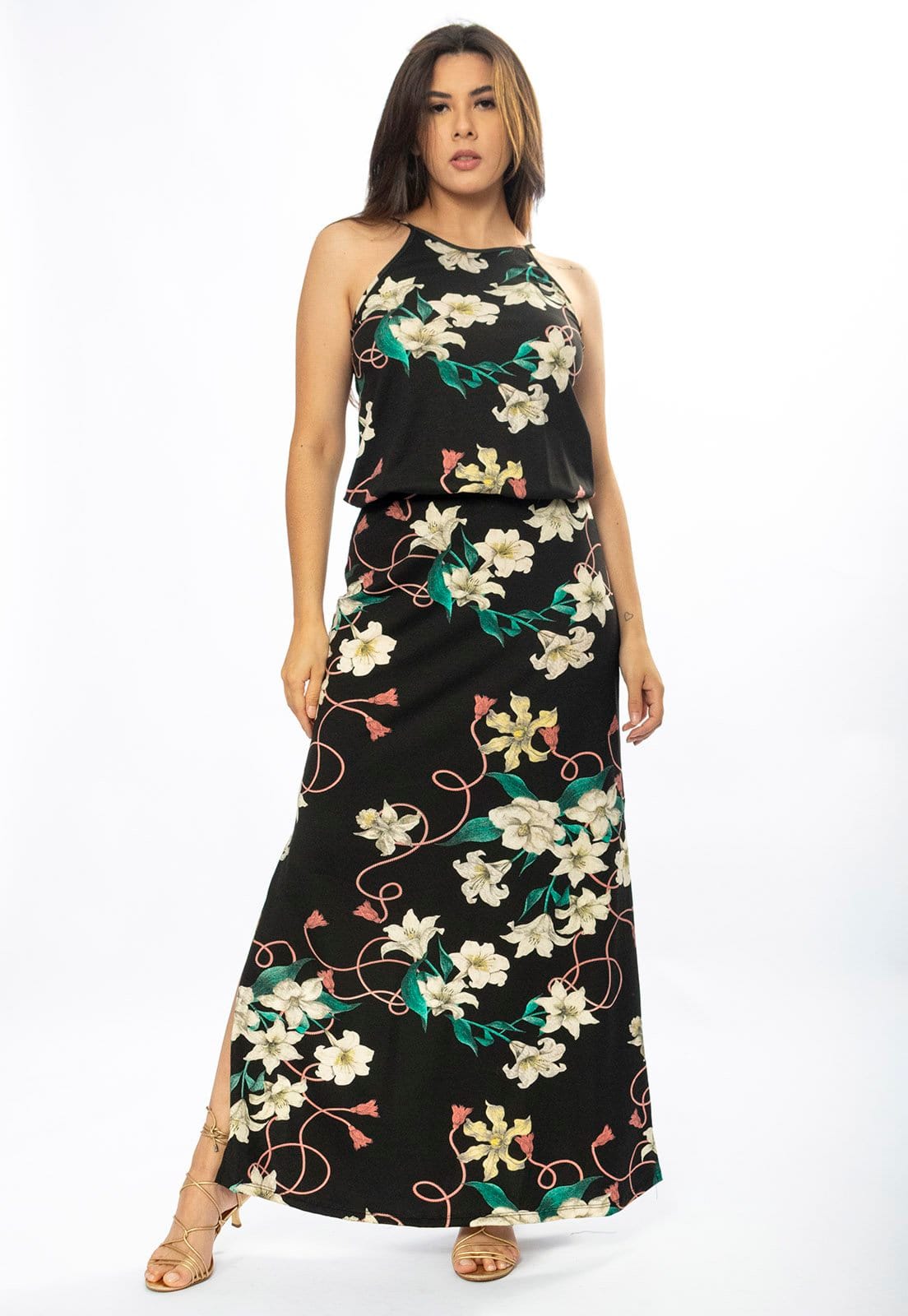 Vista 2 Vestido Longo Cabanafree Malha Trapézio com Elástico na Cintura Flores Ébano Cabanafree branco/estampado/laranja