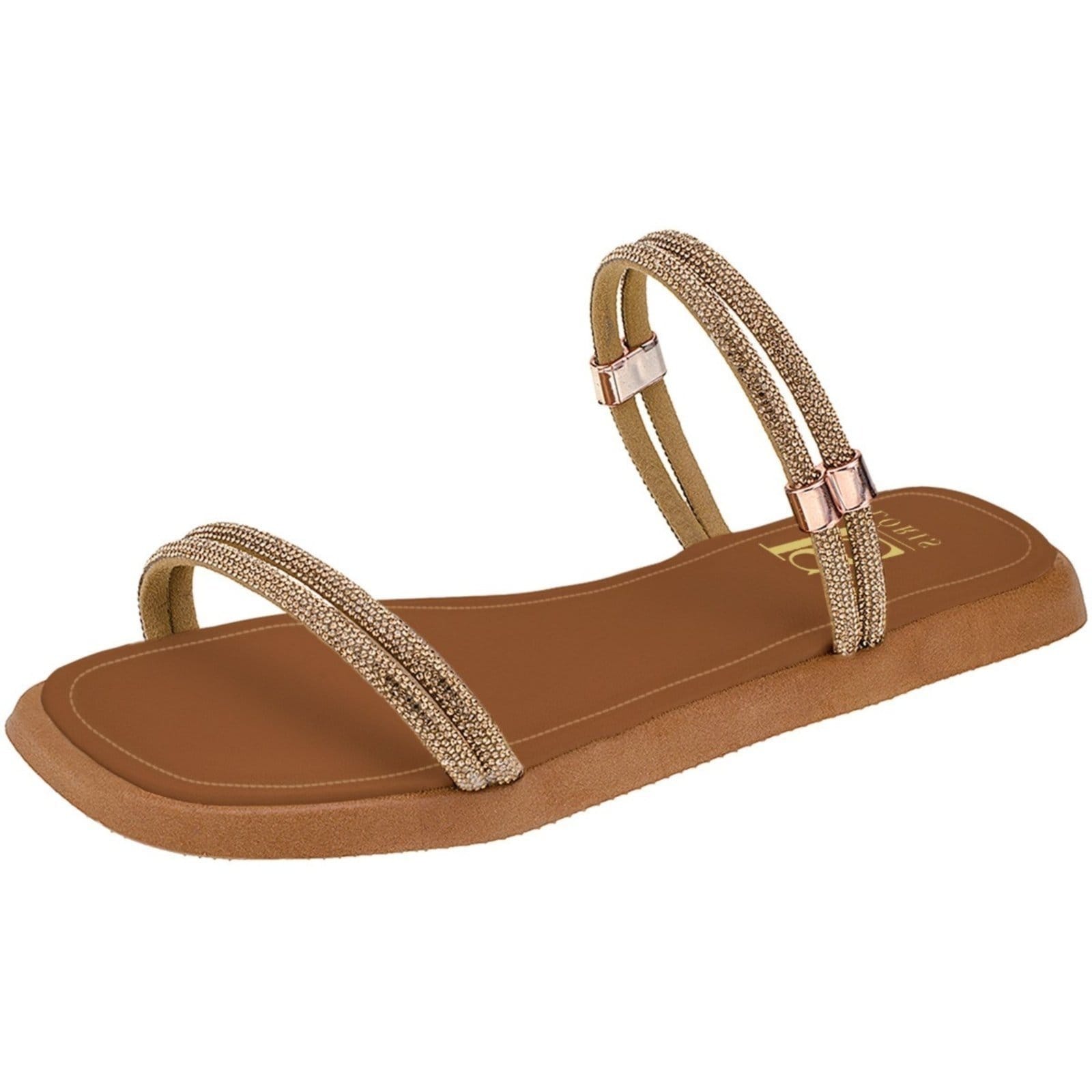 Vista 2 Sandália de Brilho Sola Baixa com Palmilha Confort Rasteirinha Tira de Strass Pedraria 2044 LÓRIS SHOES bronze