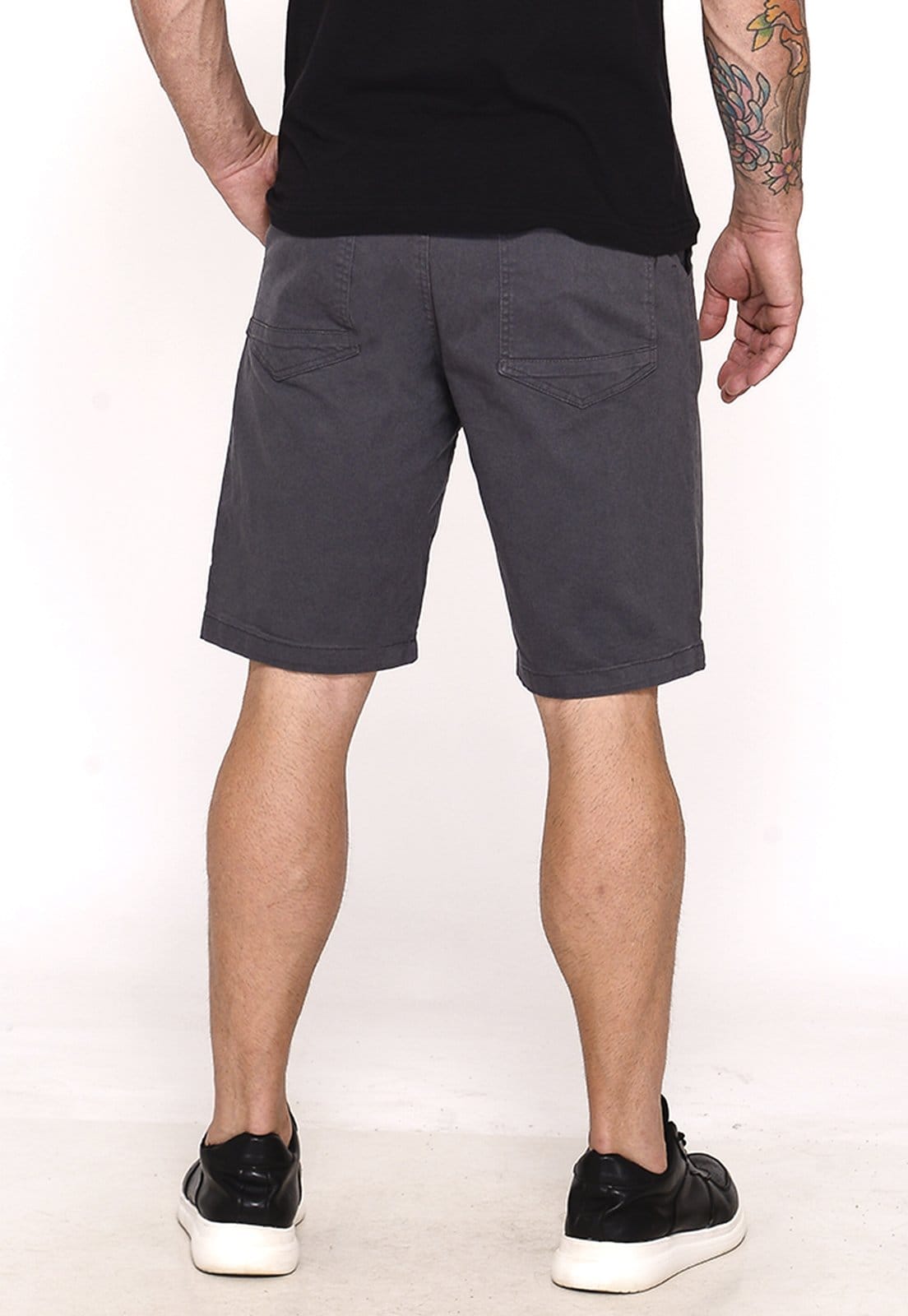 Vista 2 Bermuda Masculina Sarja Cós Elástico Casual Confortável Estilo Urbano Cinza Escuro Macaw amarelo