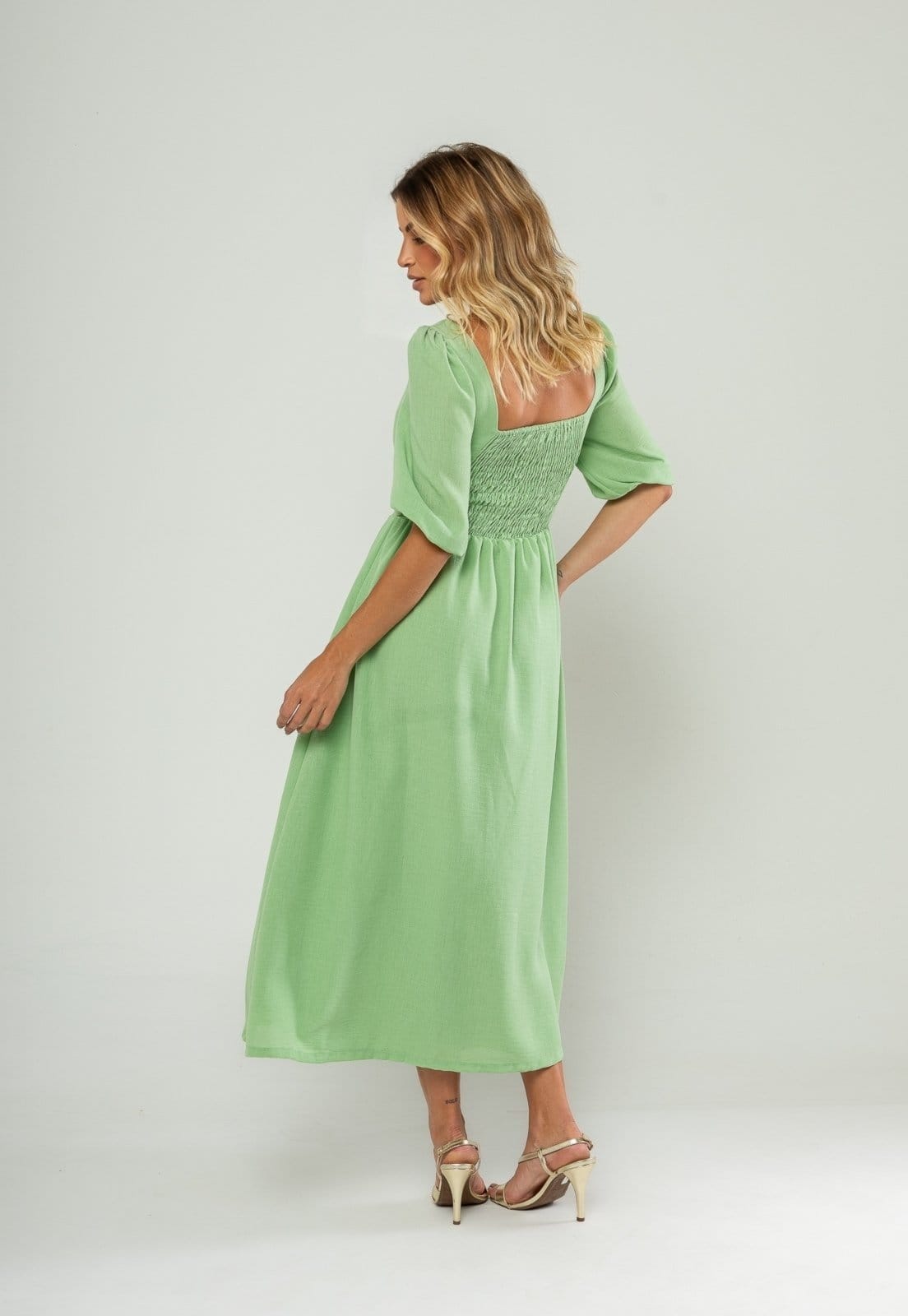 Vista 2 Vestido Longo Com Decote Reto E Manga Bufante 3/4 Salvatore Salvatore Fashion verde