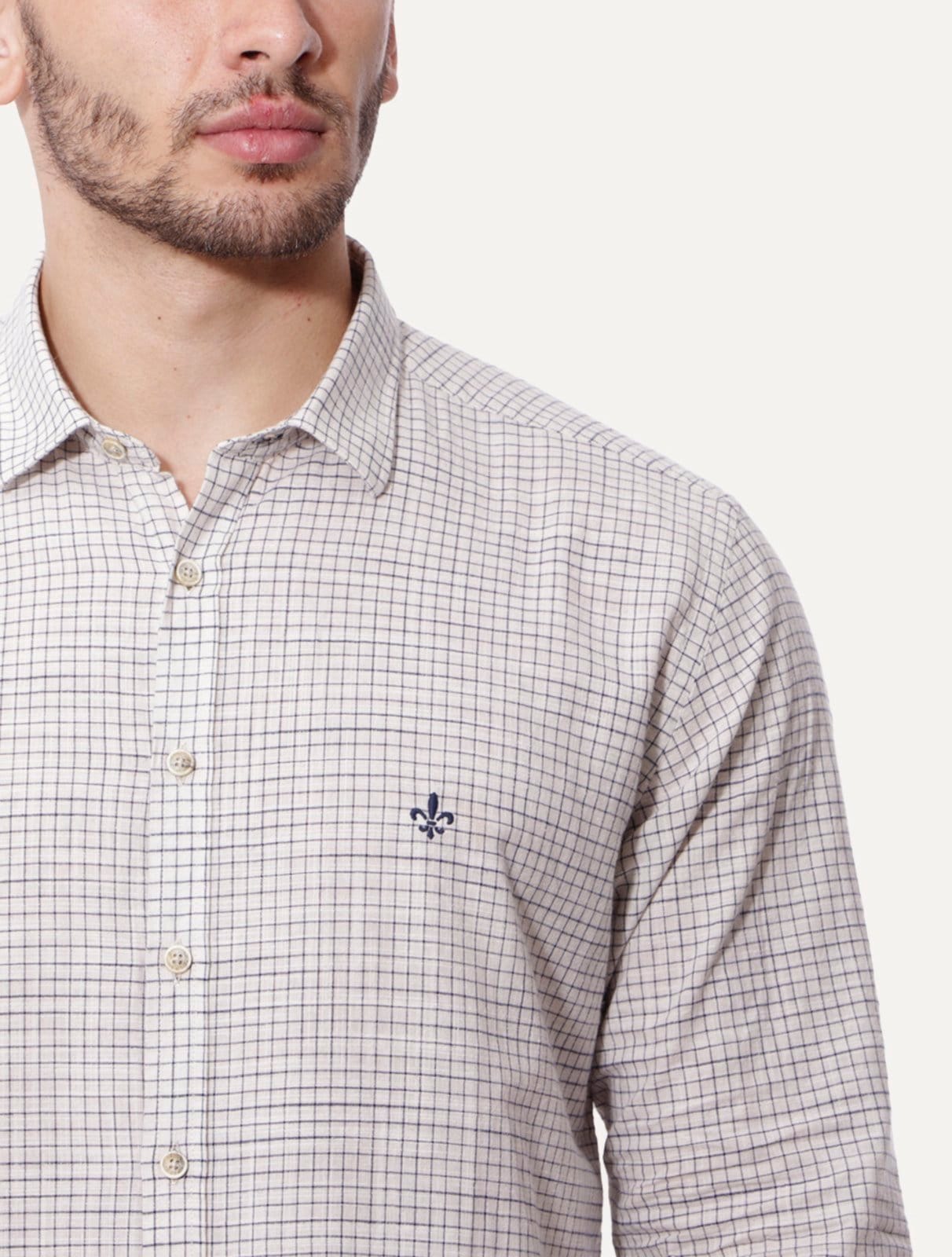 Vista 2 Camisa Dudalina Masculina Comfort Slub Cotton Xadrez Off-White Dudalina off-white white