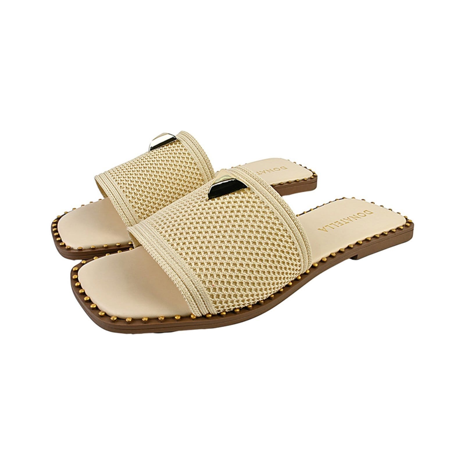 Rasteira Feminina Chinelo Rasteirinha Bico Quadrado Donatella Shoes Tecido Juta Macia Pingente Metálico Off White