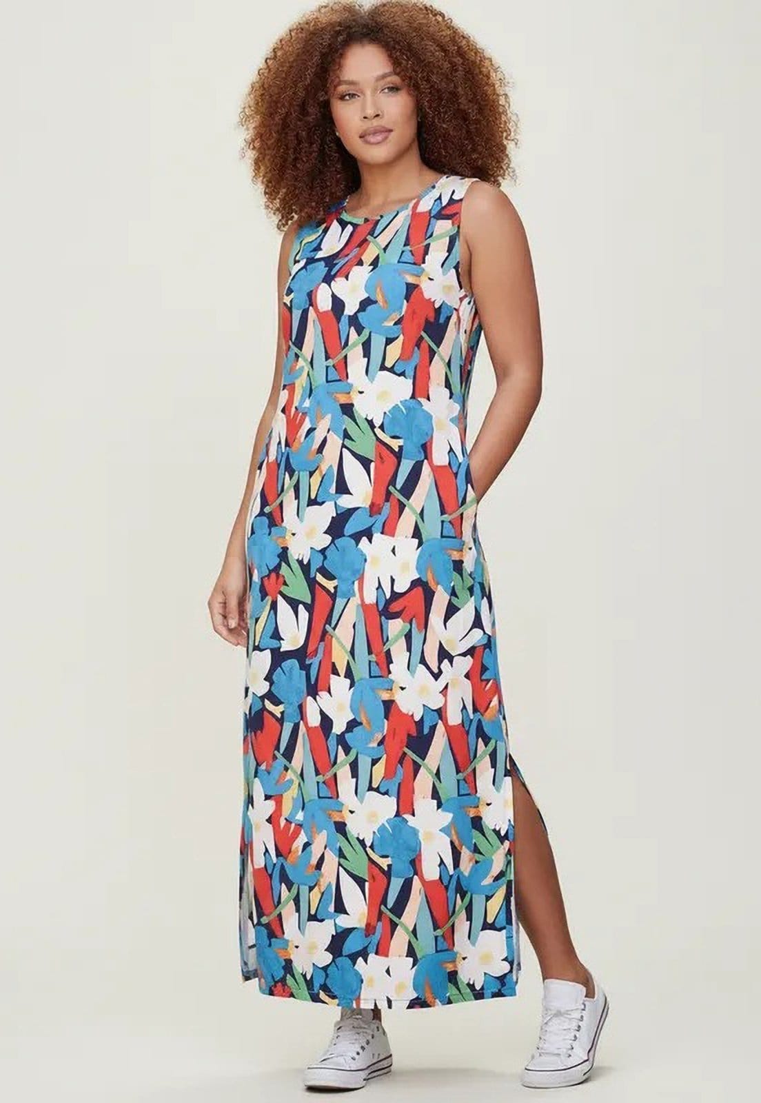 Vestido CabanaFree Longo Plano com Bolso Estampa Floresce