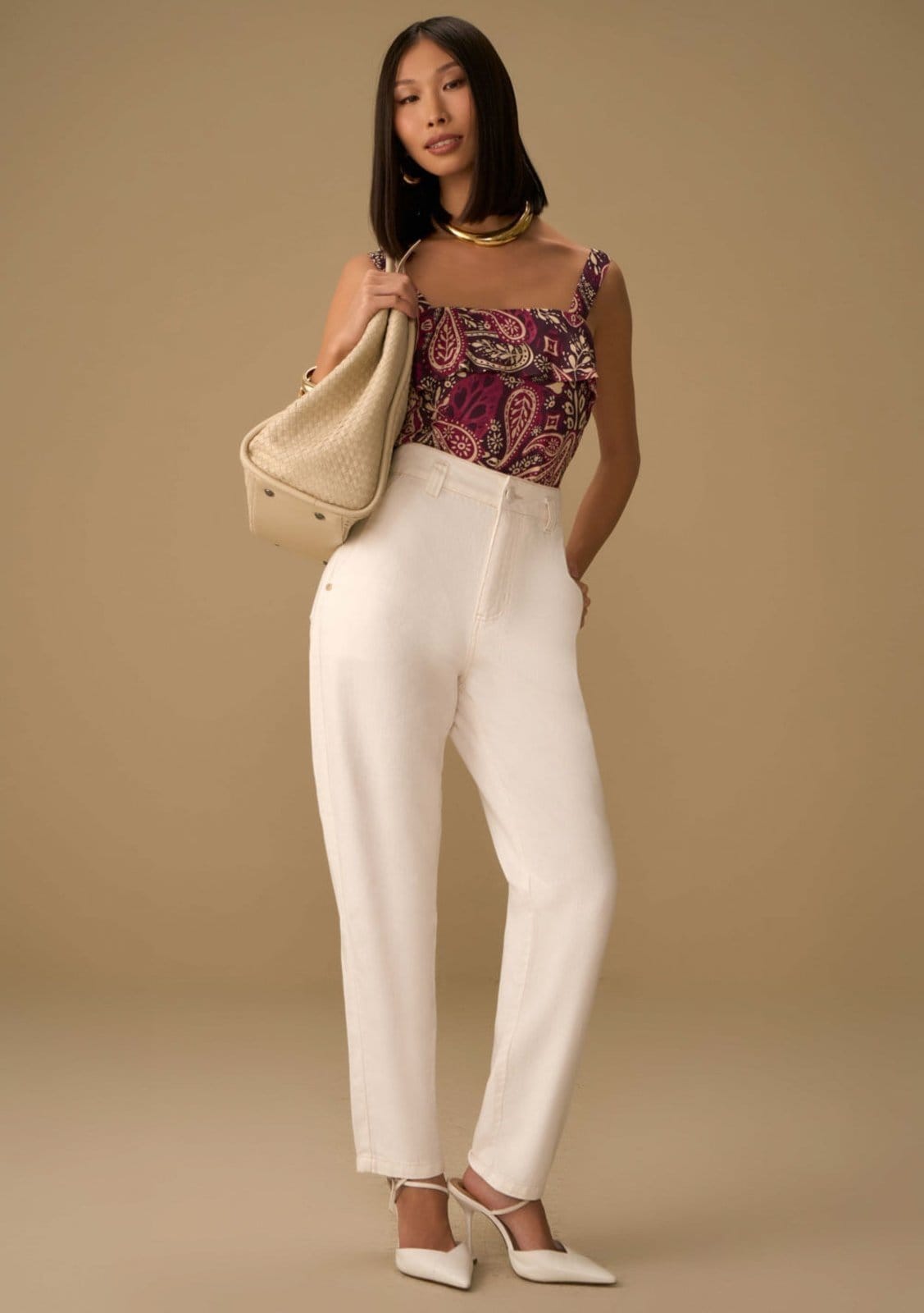 Vista principal Calça Maria Valentina Mom Alta Off-white Maria Valentina off-white white