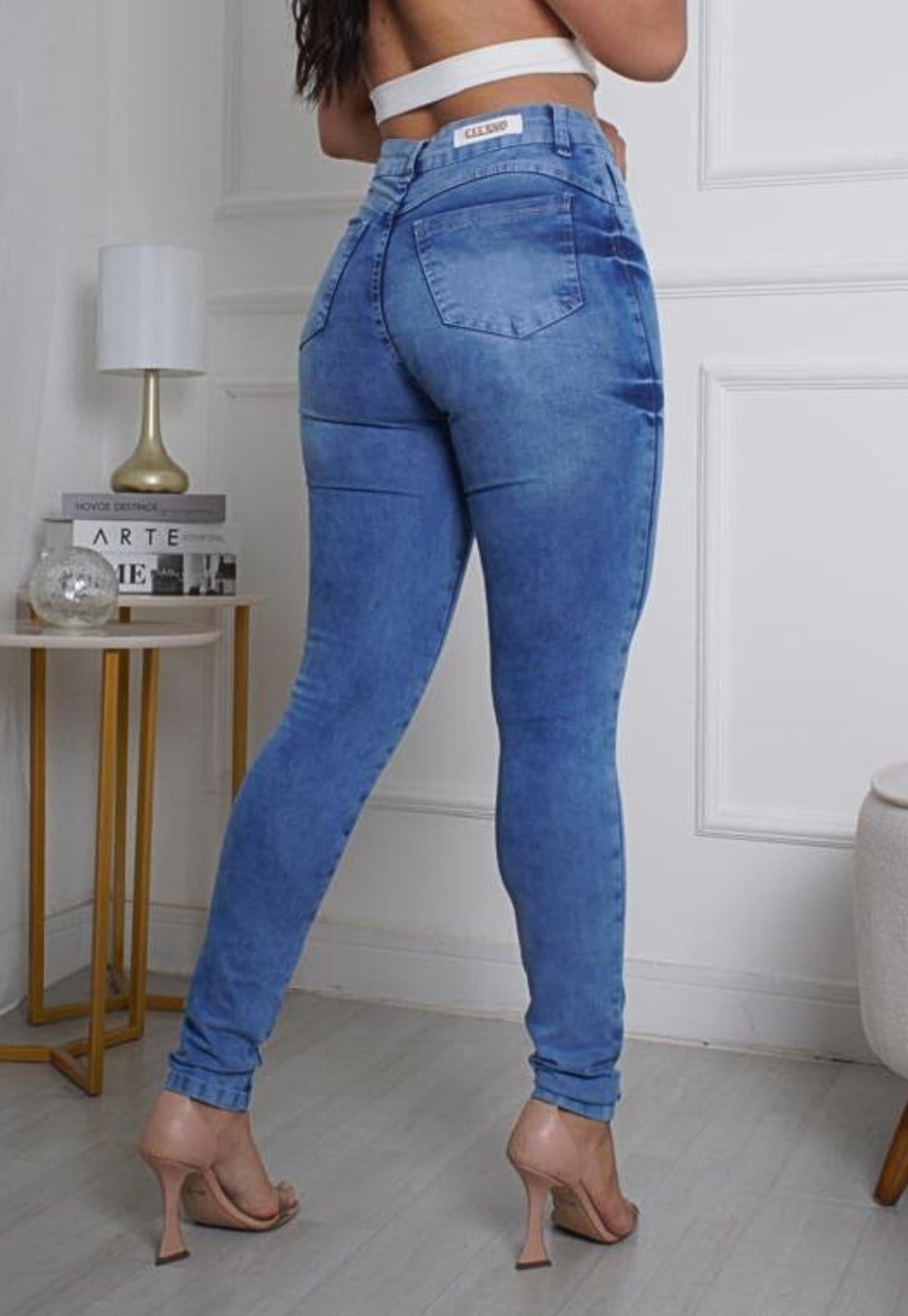 Vista 2 Calça Jeans Skinny Feminina Cintura Alta com Elastano Marmorizada Tendência ED E A E JEANS azul
