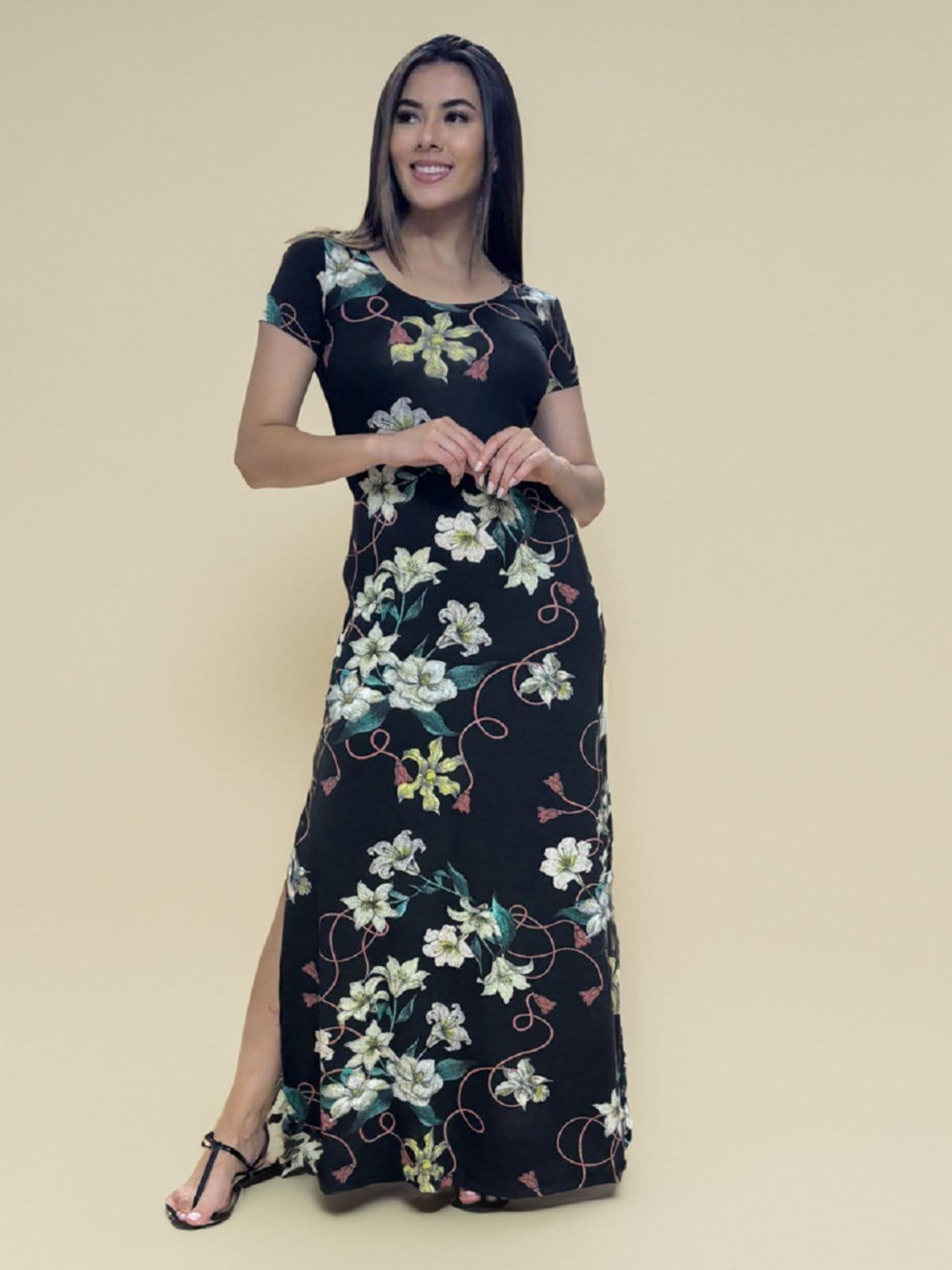 Vestido Longo Malha Gola Canoa Manga Curta Estampa Floral