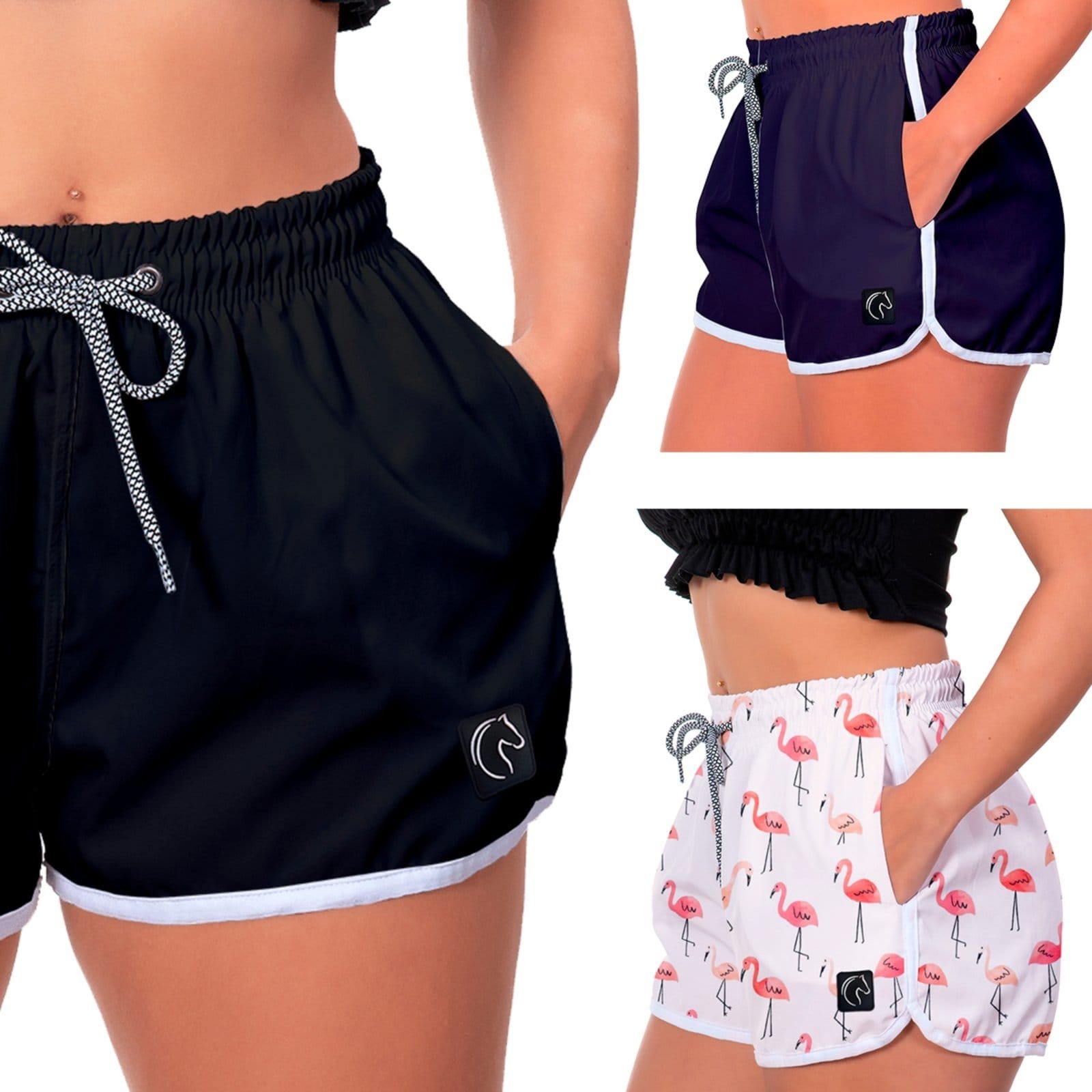 Kit 3 Shorts Feminino Premium Secagem Rápida com Elástico Cordão Ajustável e Bolsos Moda Praia Casual ou Treino Academia e Flamingos