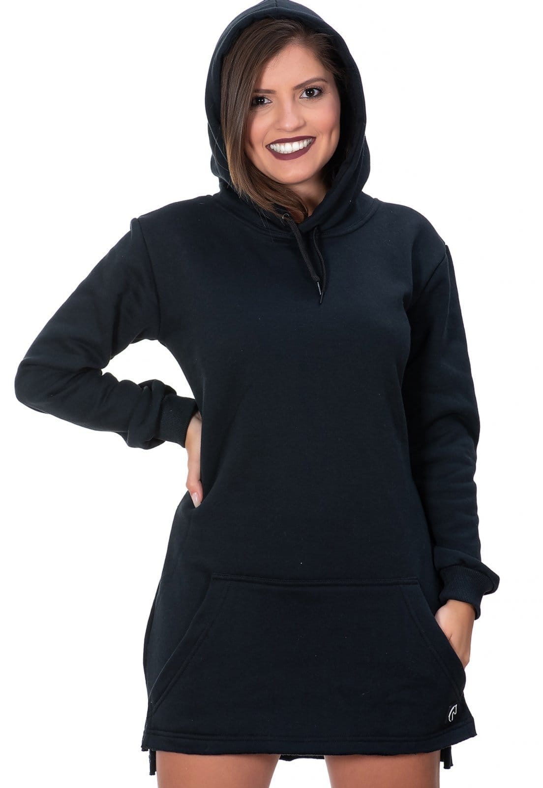 Vestido de Moletom Curto Moletinho Liso Manga Longa Com Capuz e Bolso Canguru Confortável