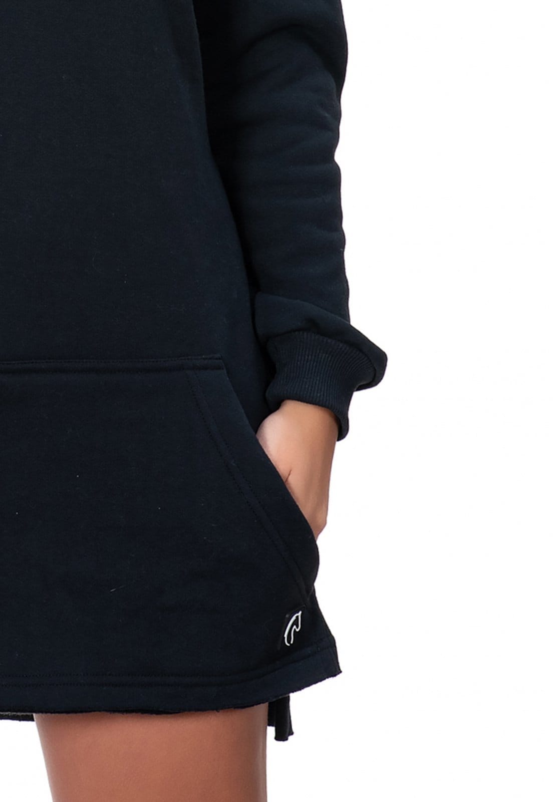 Vista 2 Vestido de Moletom Curto Moletinho Liso Manga Longa Com Capuz e Bolso Canguru Confortável W2 STORE preto