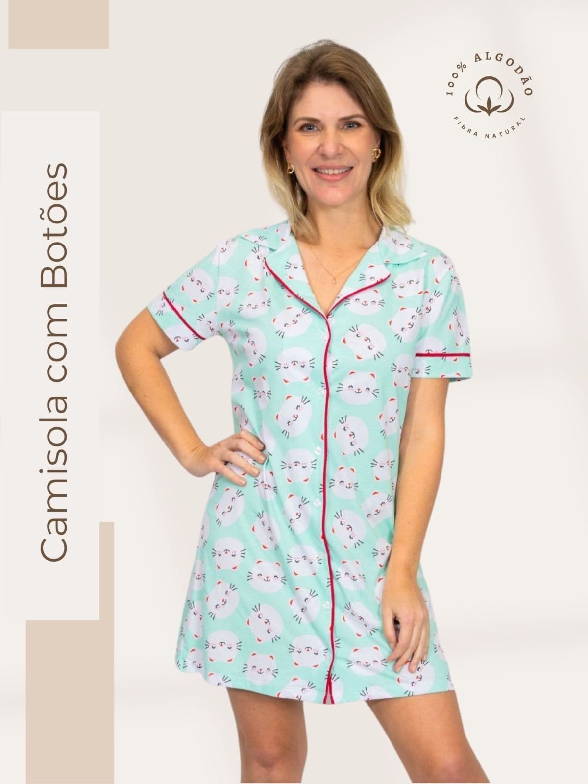 Camisola Piante Algodão Feminina Americana Manga Curta Gatinhos