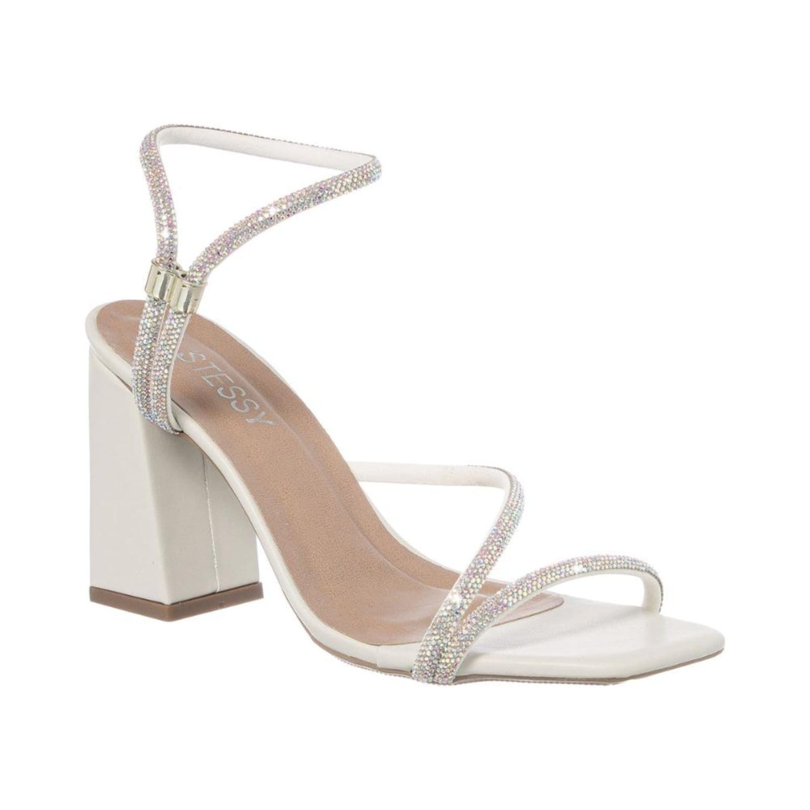 Sandália Feminina Salto Grosso Strass Calce Fácil Confortável Off White