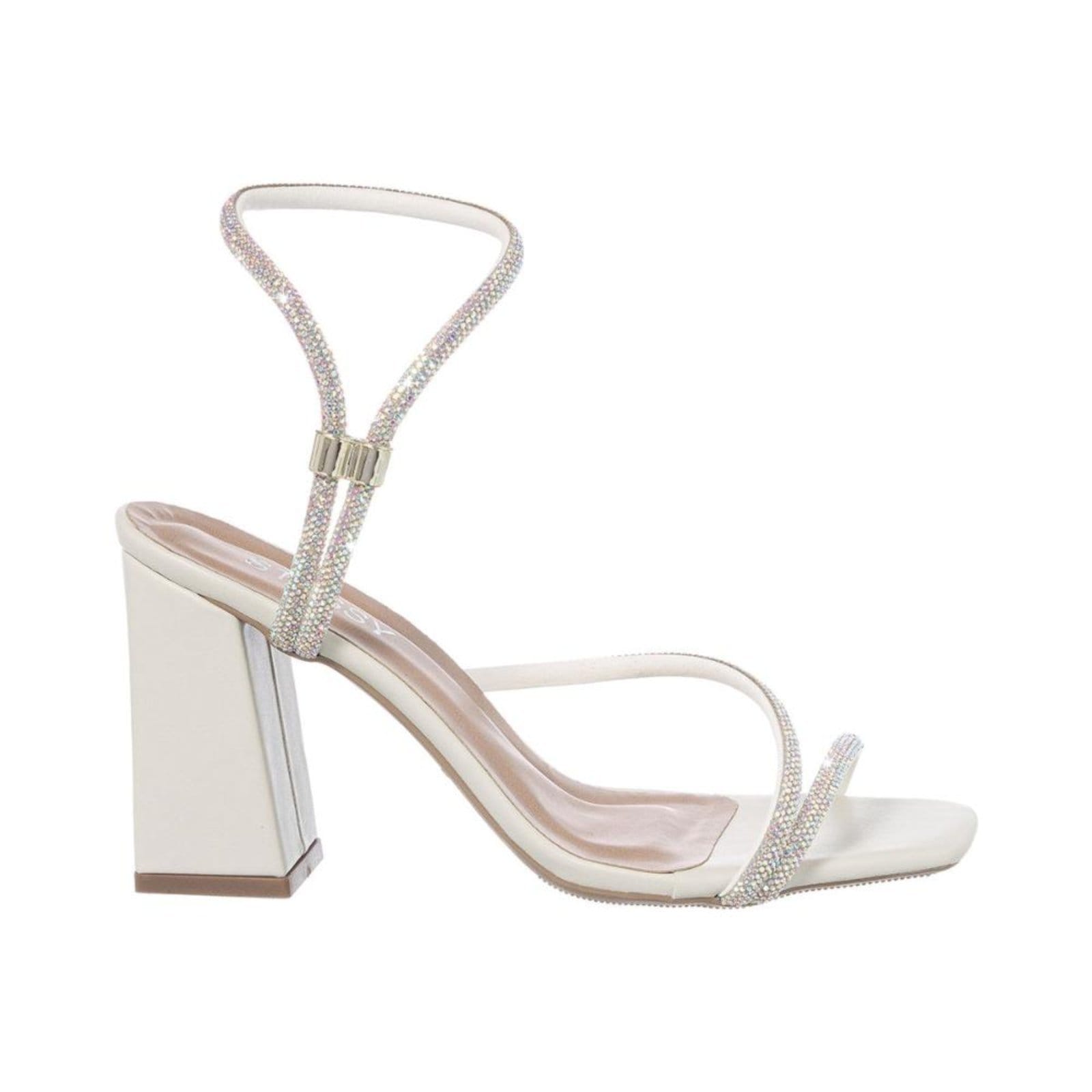 Vista 2 Sandália Feminina Salto Grosso Strass Calce Fácil Confortável Off White Stessy Shoes off-white white