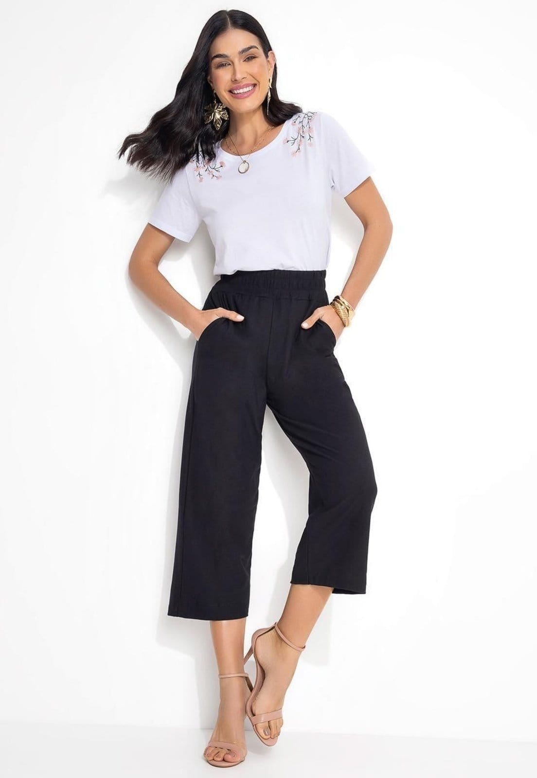 Vista 2 Calça Em Meia Malha Pantacourt Quintess preto