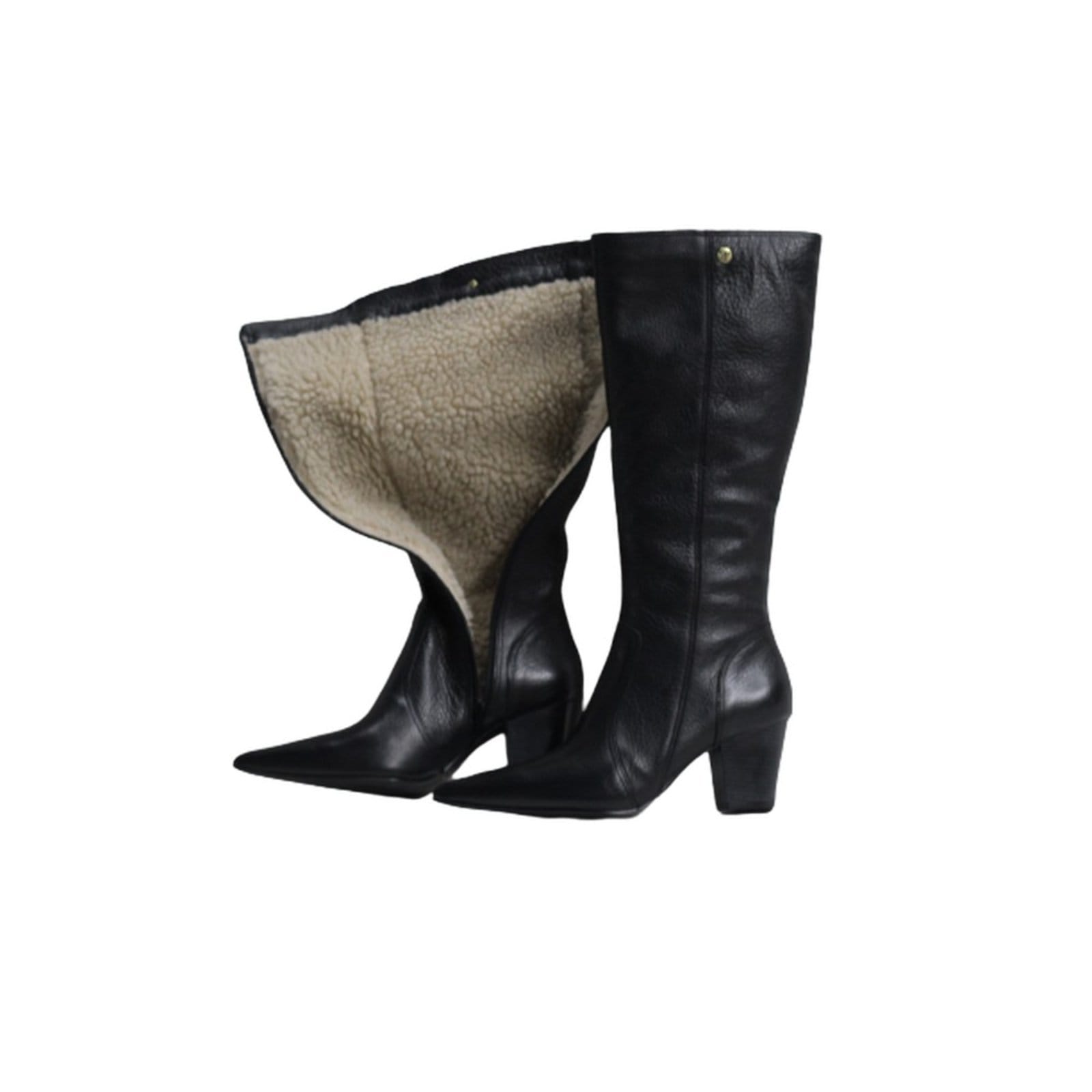 Bota Feminina Lã Sintética Bico Fino Cano Longo Couro Salto 6 Cm