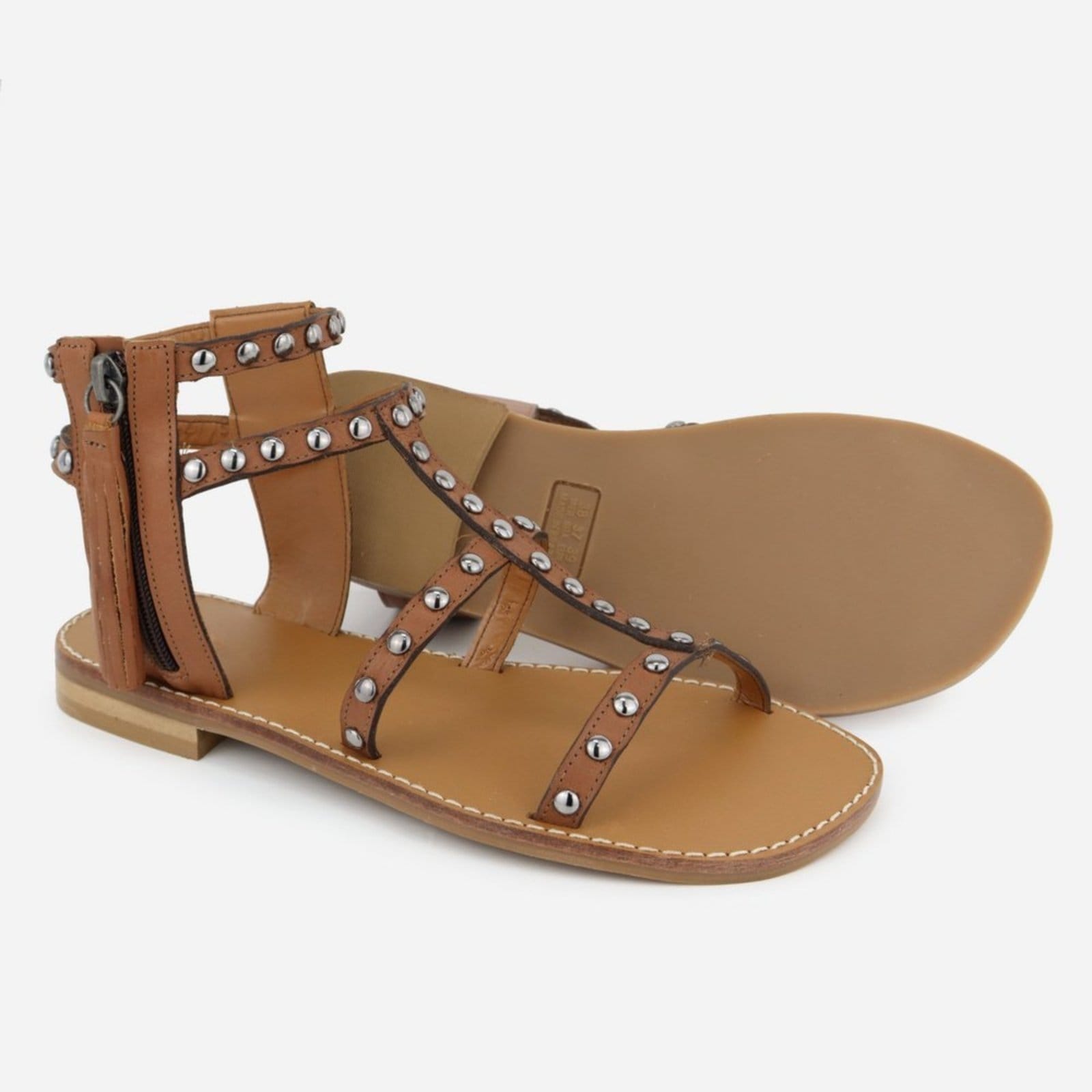 Vista 2 Sandália Rasteira Couro Maria Paula Zíper MARIA PAULA caramelo