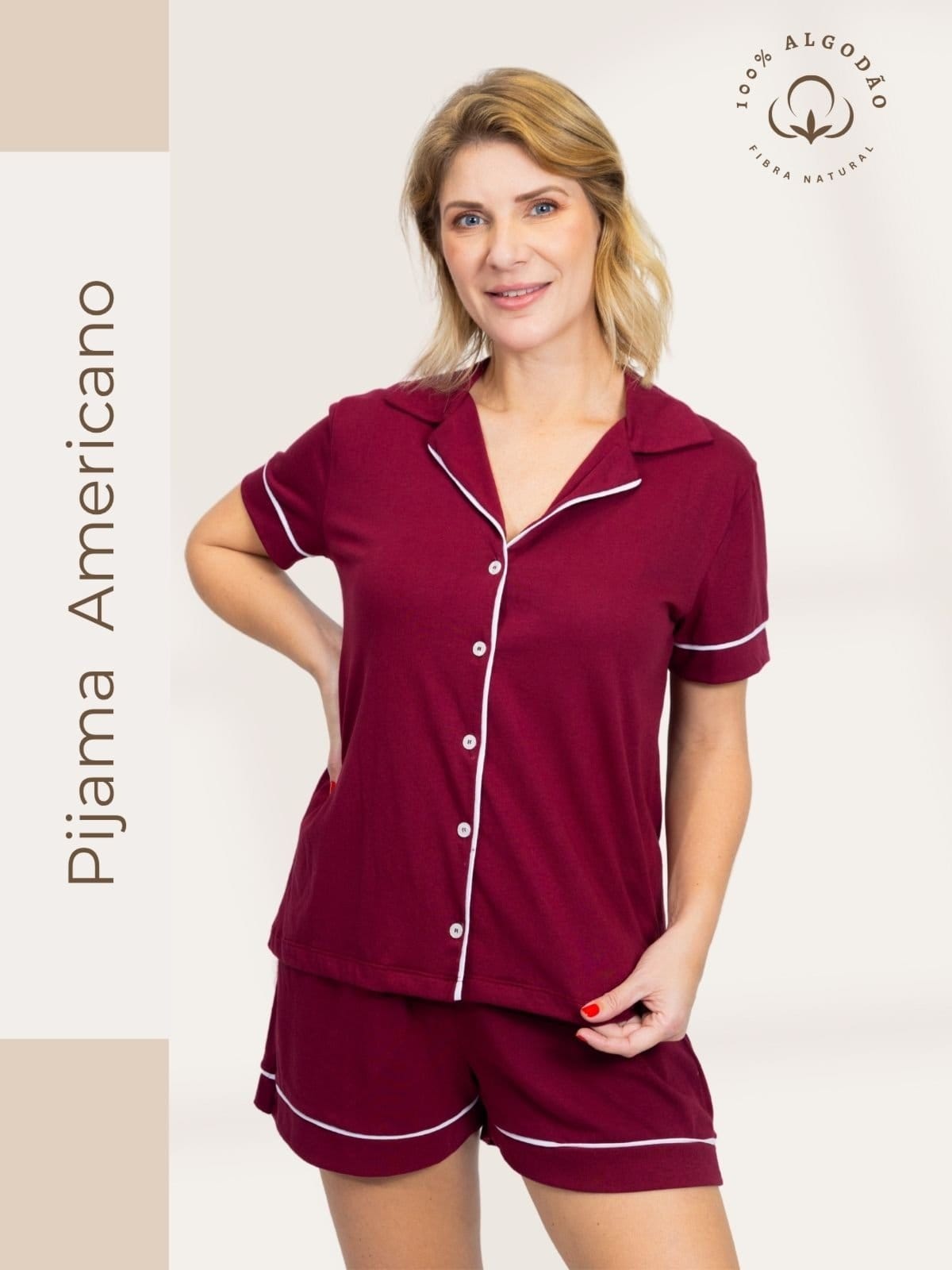 Vista 2 Pijama Algodão Piante Feminino Americano Curto Bordo Piante bordô