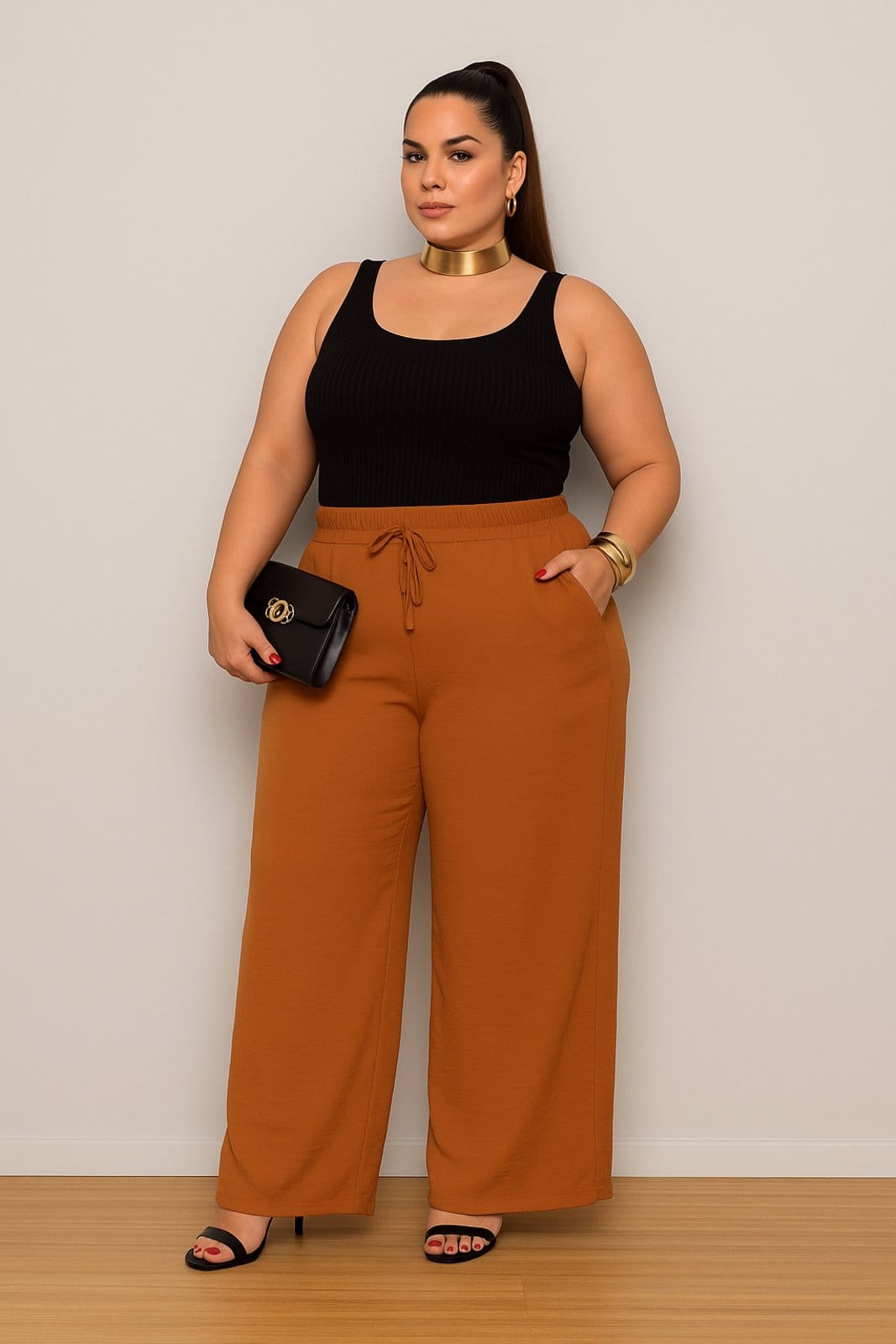 Calça Pantalona Plus Size D Bell Outlet Fashion Feminina Duna Com Bolso Cintura Alta