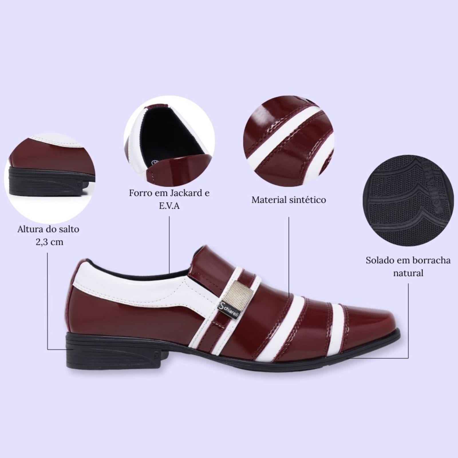 Vista 2 Sapato Social Masculino Verniz Festa Casamento Bico Quadrado Chique Moderno 853 e Branco Schiareli bordô