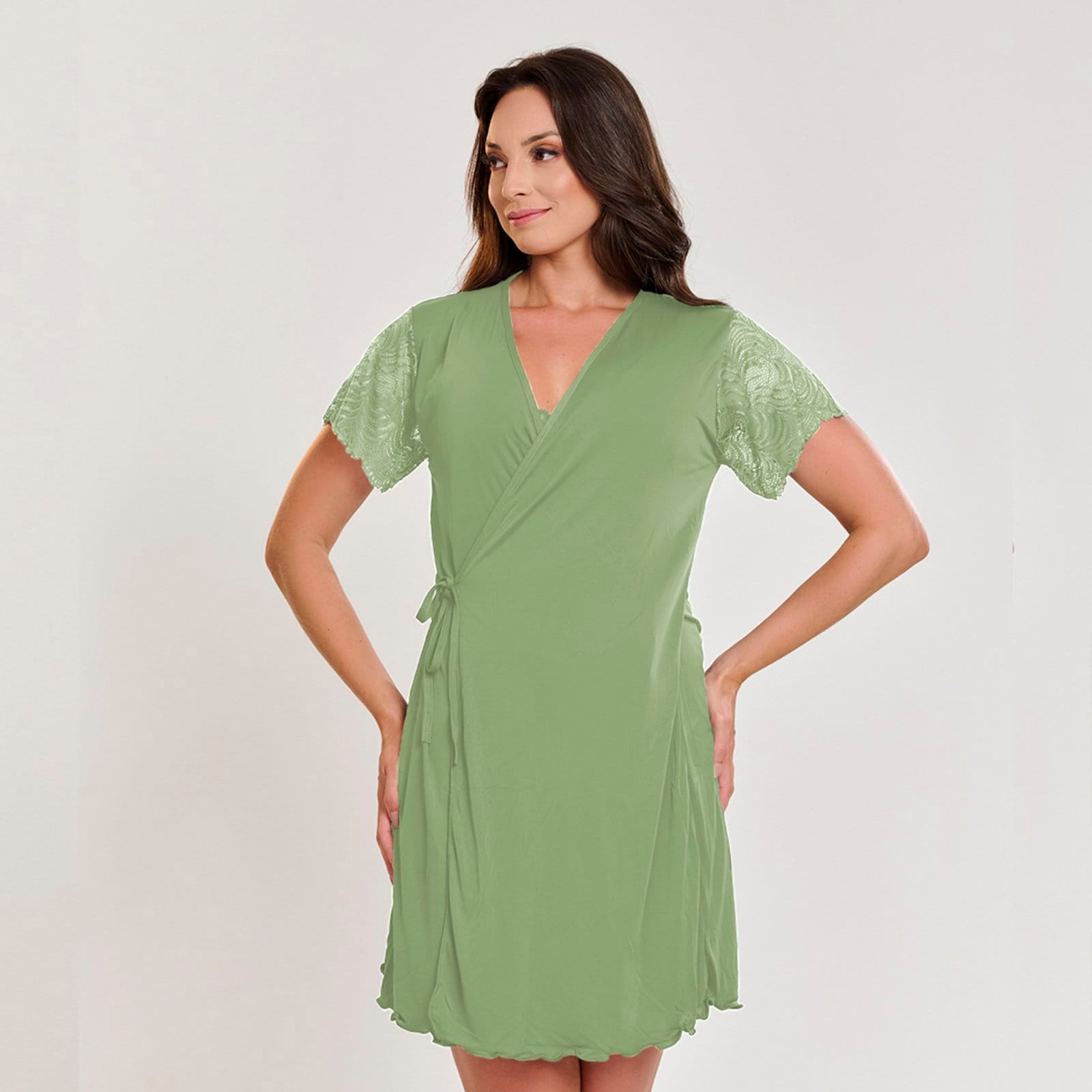 Kit Camisola de Amamentação Gabi Lingerie Conforto + Robe Microfibra Detalhada em Renda com Laço Menta