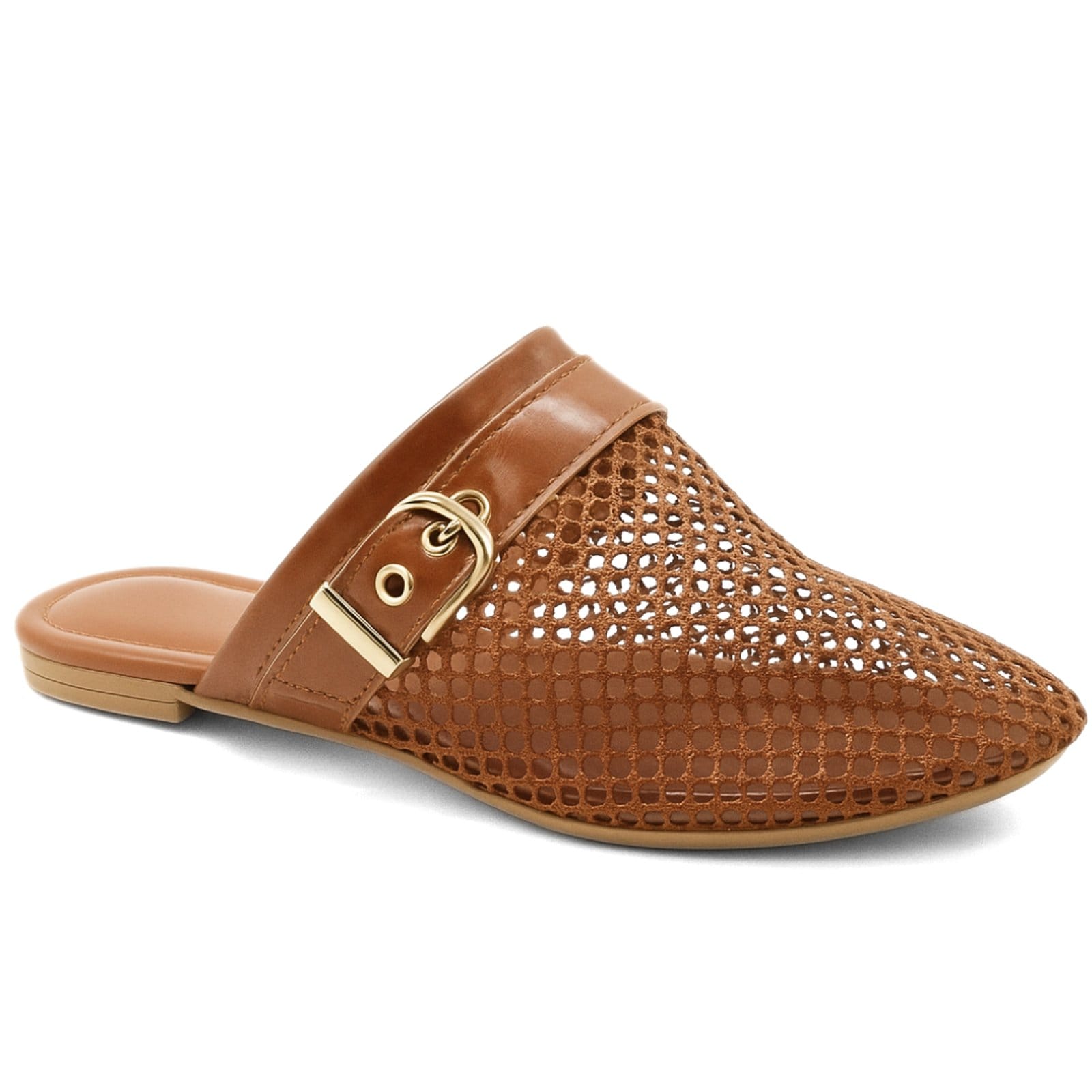 Mocassim Mule Casual Feminino Vazado de Tela Com Fivela Bico Fino 5402 Cacau