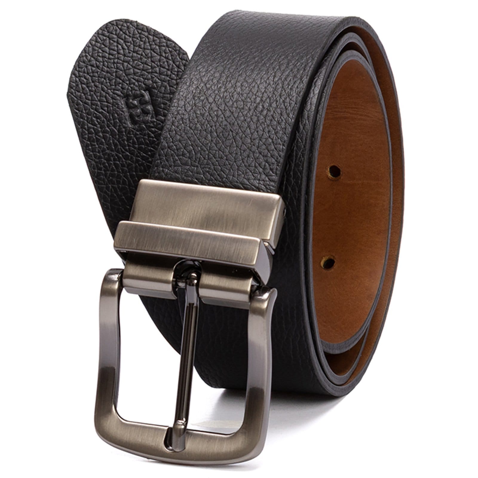 Vista principal Cinto Masculino em couro dupla face na cor conhaque com fivela grafite escovado USEPELLE preto