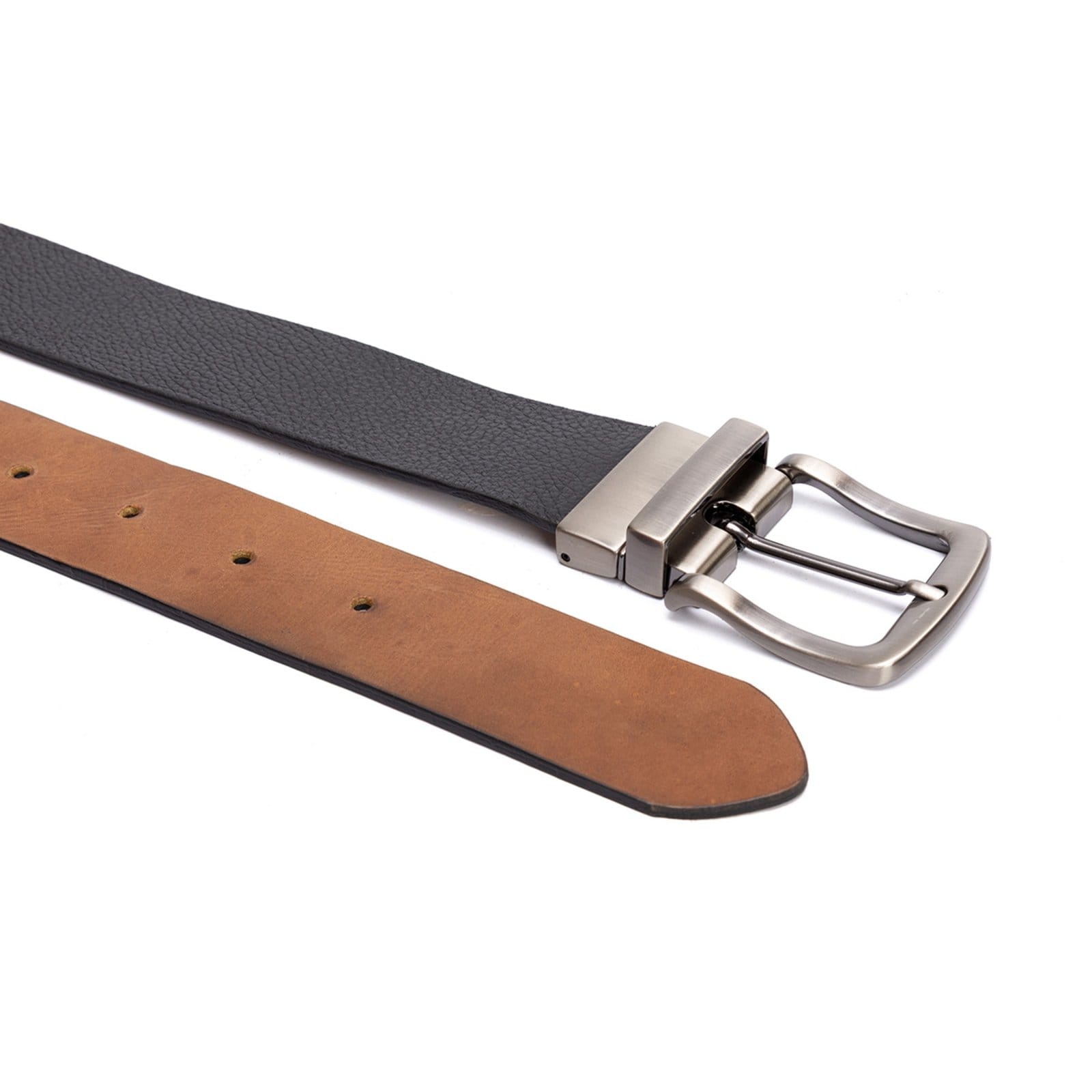 Vista 2 Cinto Masculino em couro dupla face na cor conhaque com fivela grafite escovado USEPELLE preto