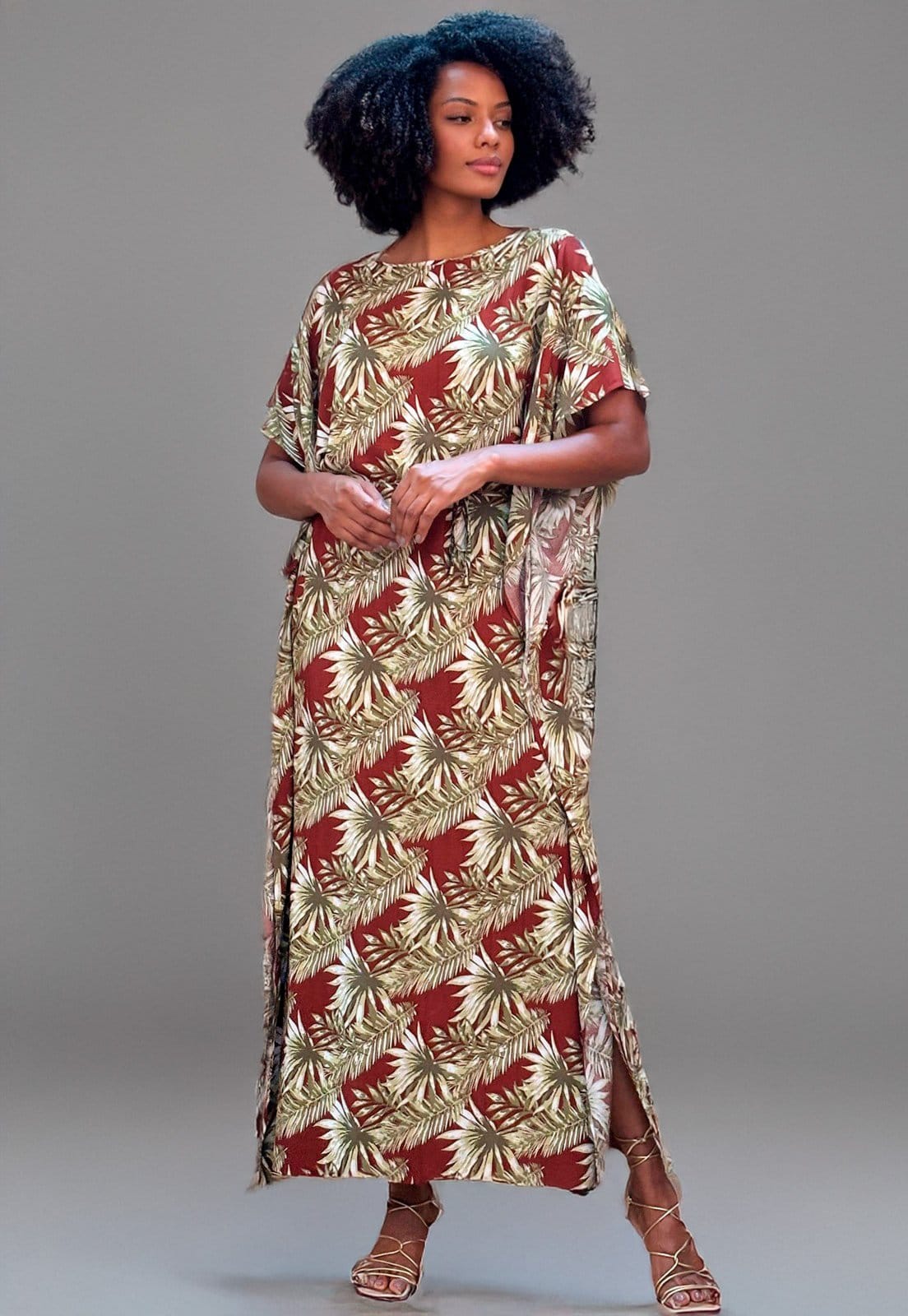 Vista 2 Vestido Amazonia Vital Kaftan Viscose Longo Estampa Floresta de Outono Amazonia Vital dourado/estampado/floral