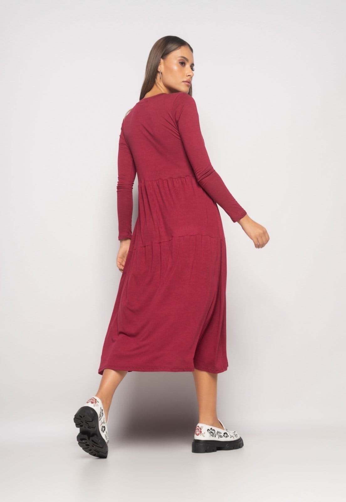 Vista 2 Vestido Midi Manga Longa Com Babado Malha Salvatore Vinho Salvatore Fashion vermelho