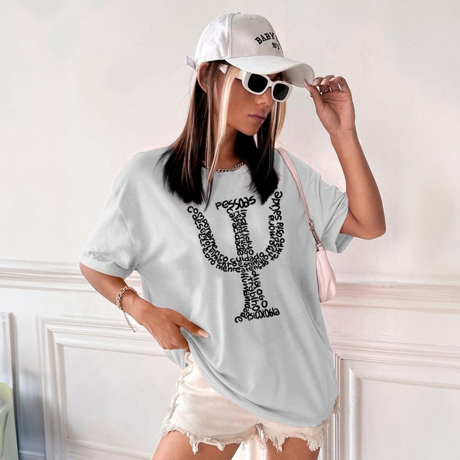 Vista 2 Camisa Camiseta Feminina Estampada Simbolo Psicologia 100% Algodão Fio 30.1 Penteado - Cinza Genuine bege