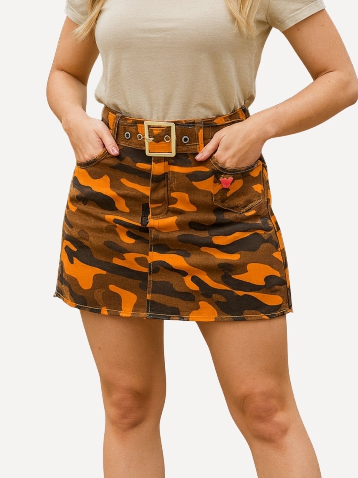 Mini Saia Feminina Camuflada Básica Cinto Elastano Empina Bumbum Bolsos