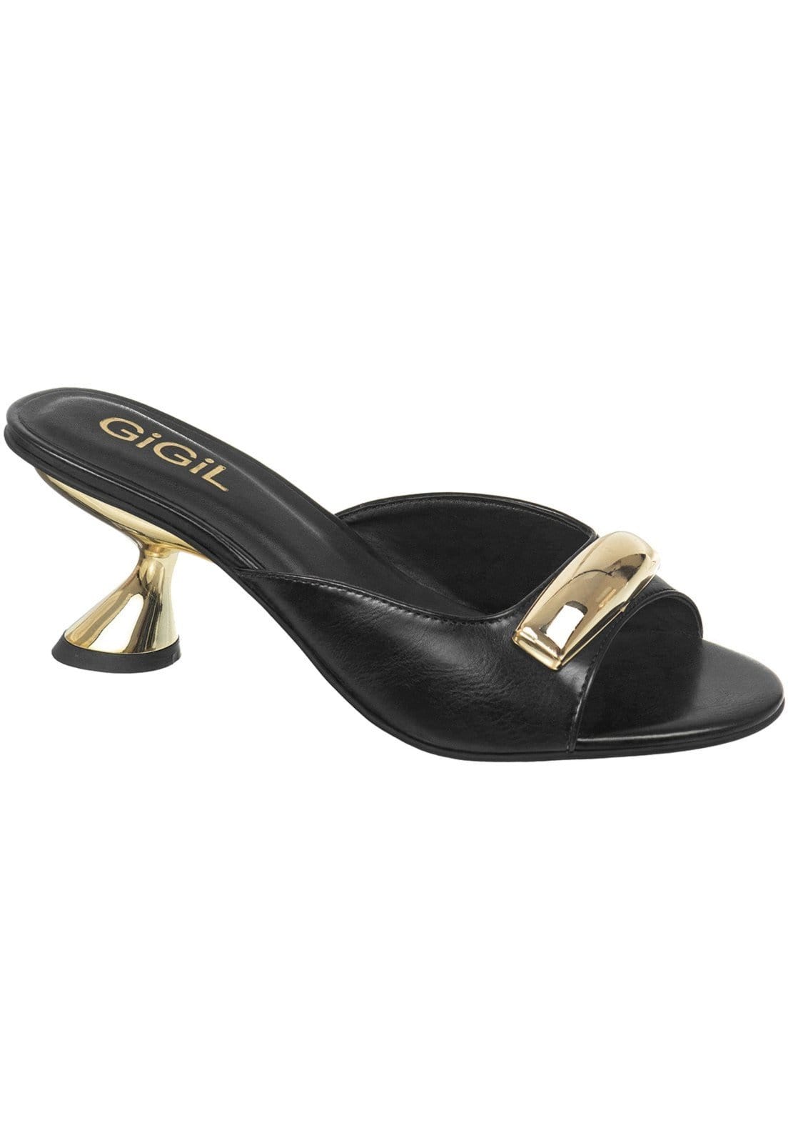 Sandália Feminina GiGiL Tamanco Mule Salto Alto Taça Metalizado Enfeite Tira Dourado Elegante