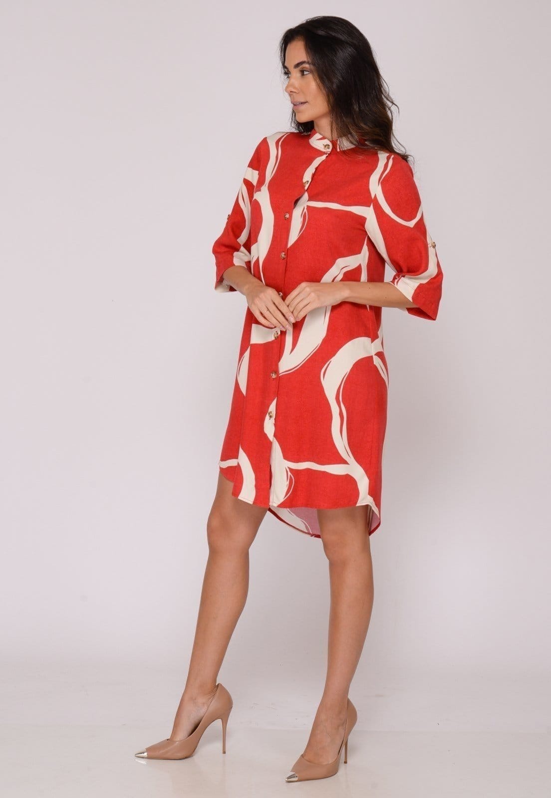 Vista 2 Vestido Chemise Botões C B’Bonnie Vitória Vermelho B'Bonnie estampado