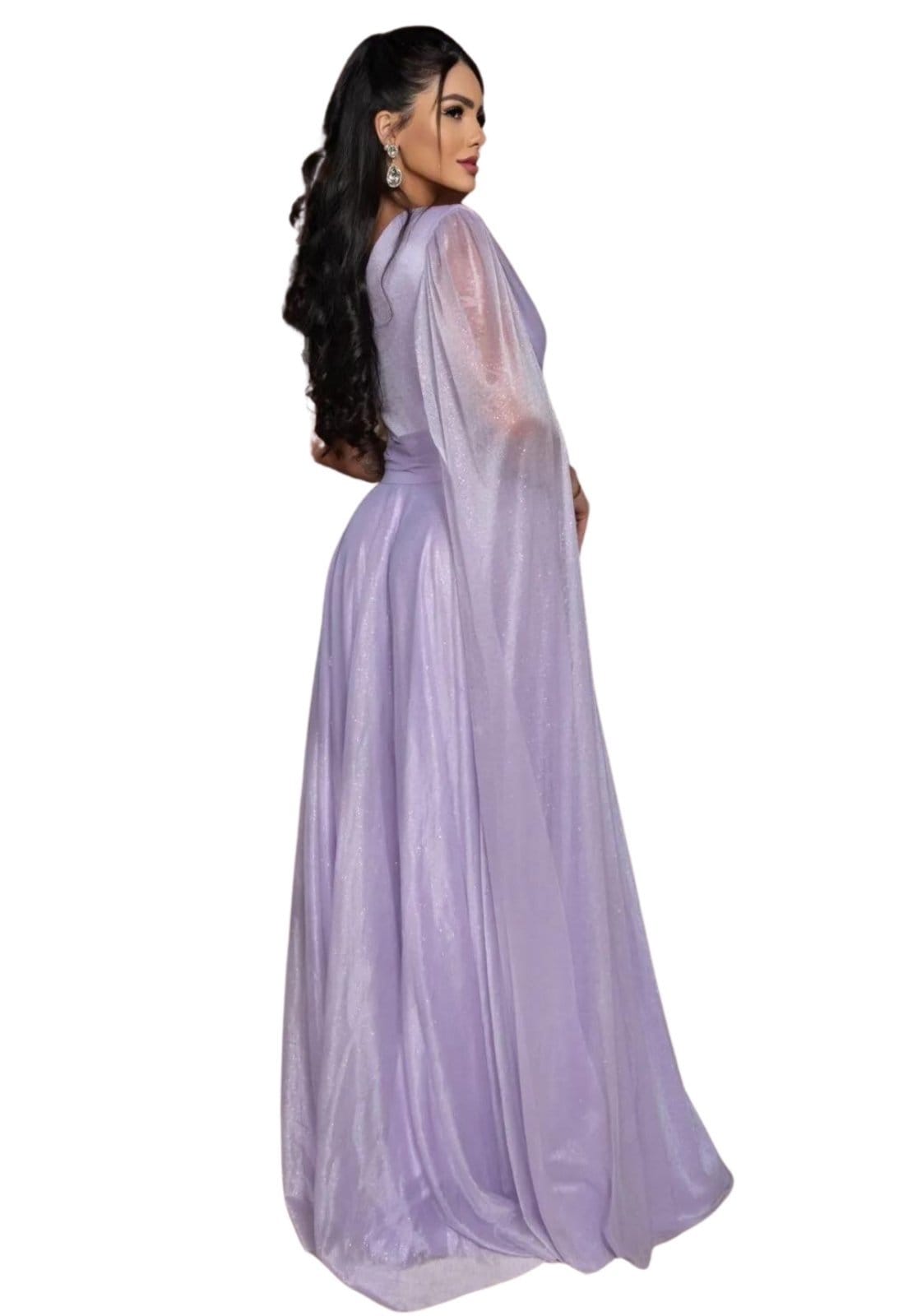 Vista 2 Vestido Longo de Festa Micro tule Com Brilho uma Manga Sueli Lavanda Lilás Cia do Vestido lilás lavanda