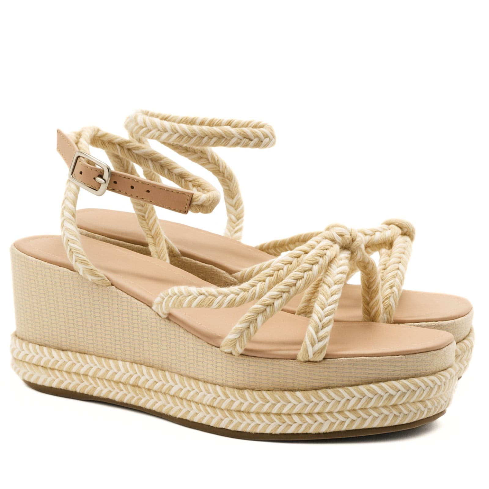 Vista 2 Sandália Feminina Anabela Plataforma Cordas Strass Rafia Natural 170421 Sete Sales bege natural