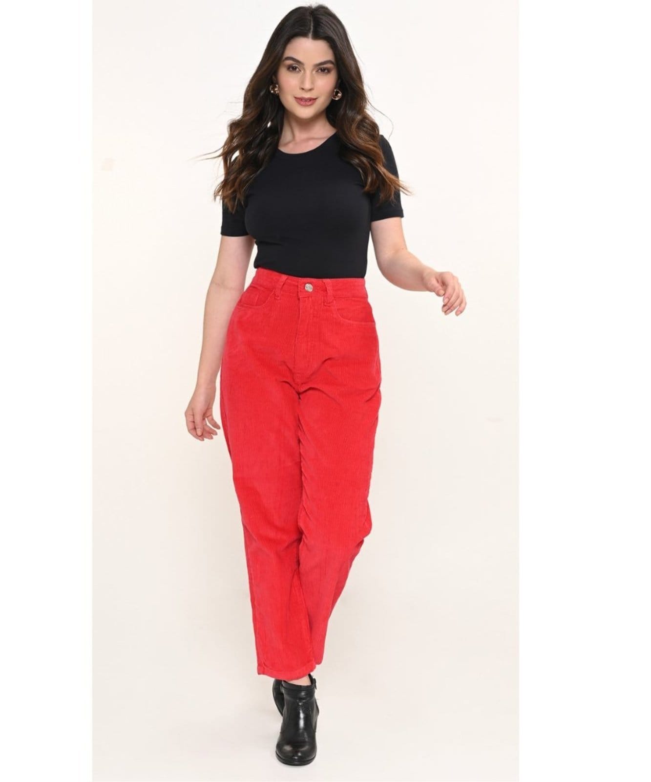 Calça Feminina Veludo Vermelho Mom