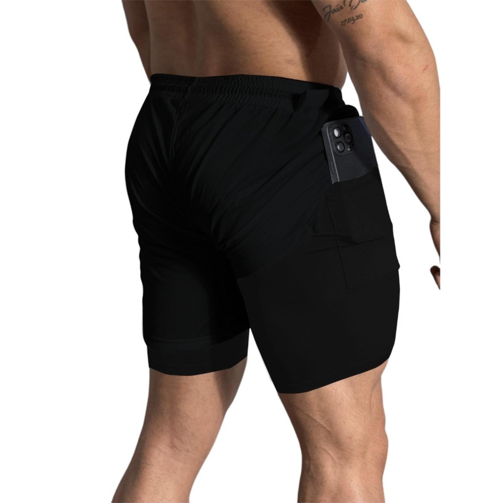 Vista 2 Short Treino Dry Térmico 2 em 1 com Bolso para Celular e Porta-Toalha Calção Fitness Academia Relaxado preto