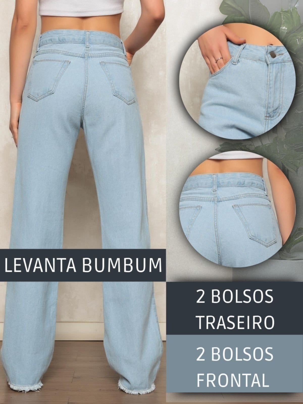 Vista 2 Calça Jeans Wide Leg Pantalona Feminina Claro Tendência Fashion Safira Moda azul