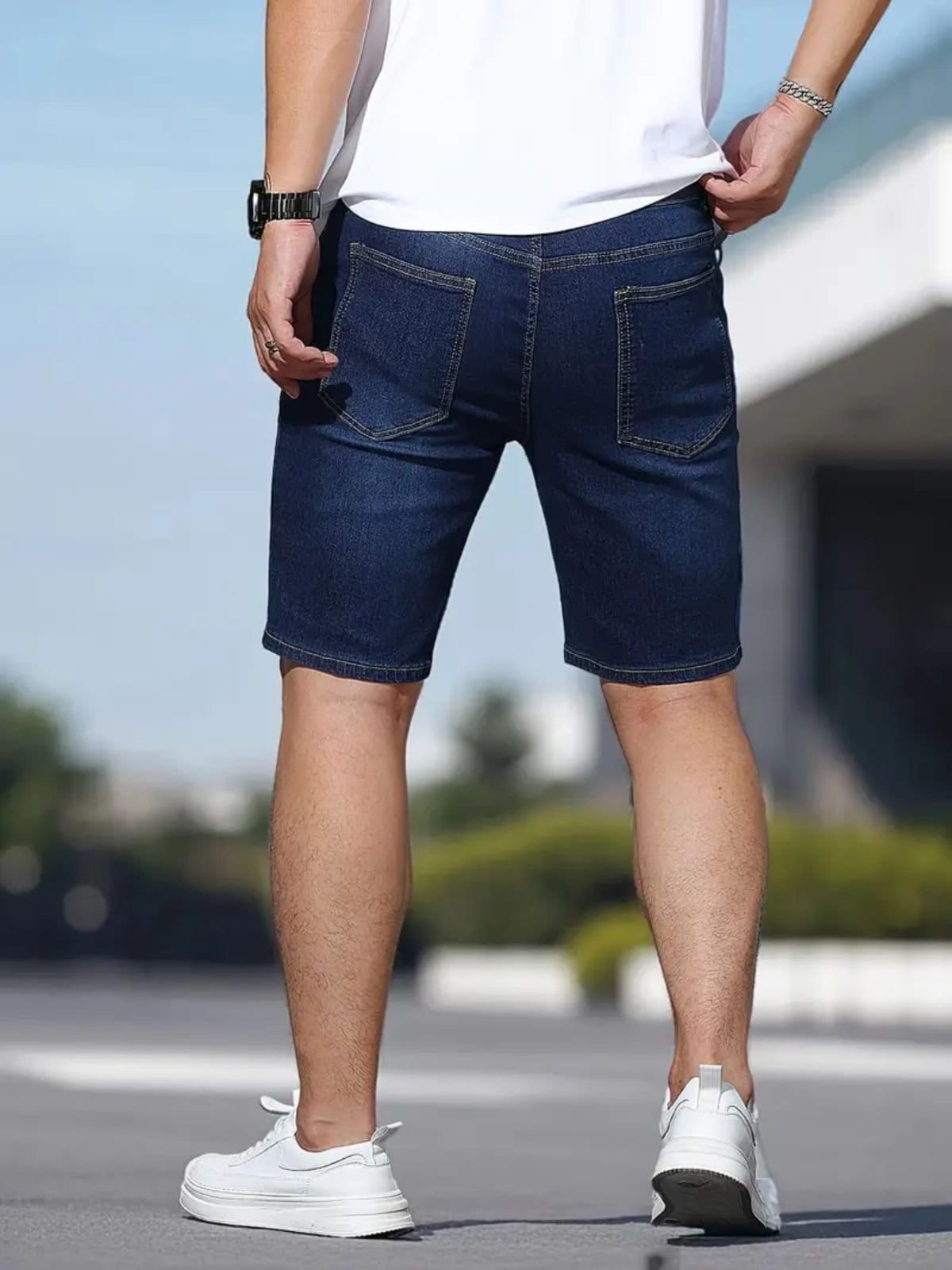 Vista 2 Bermuda Jeans Masculina Kovali Casual Style Skinny Premium Com Elastano Confortável Escuro KOVALI FASHION STORE azul/jeans azul