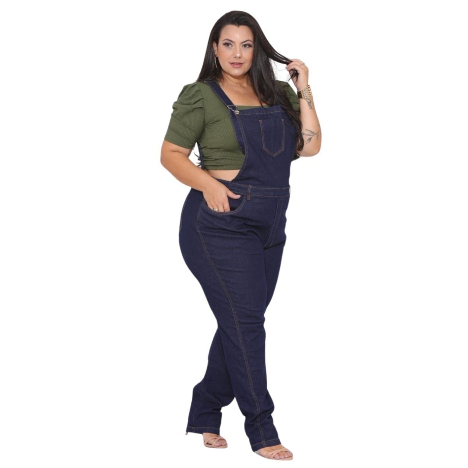 Vista 2 Macacão Jardineira Feminino Jeans Plus Size Jeans Loka azul