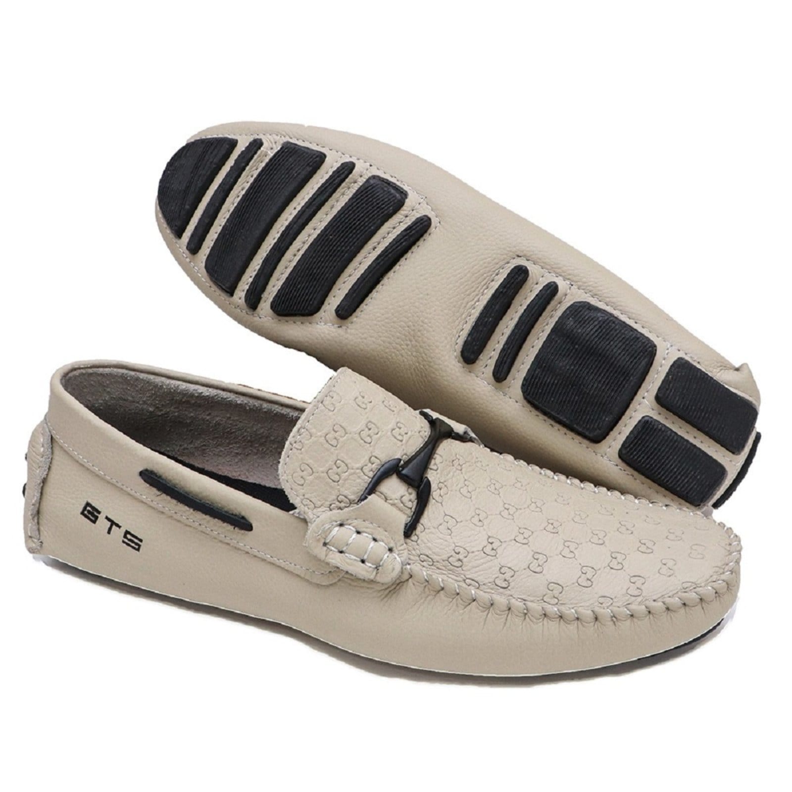 Vista 2 Mocassim Drive Couro Masculino Flexível Macio Solado Emborrachado Calce Fácil Artesanal Gelo FRANCA GRIFFE off-white