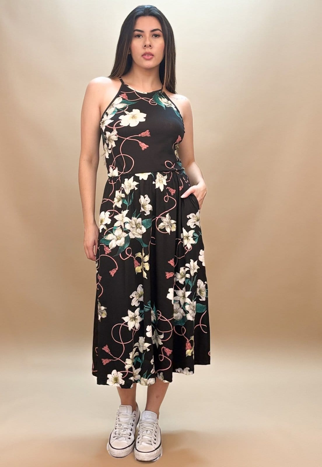 Vista 2 Vestido Midi Jennifer Malha Trapézio com Bolso Estampa Cabanafree floral/preto