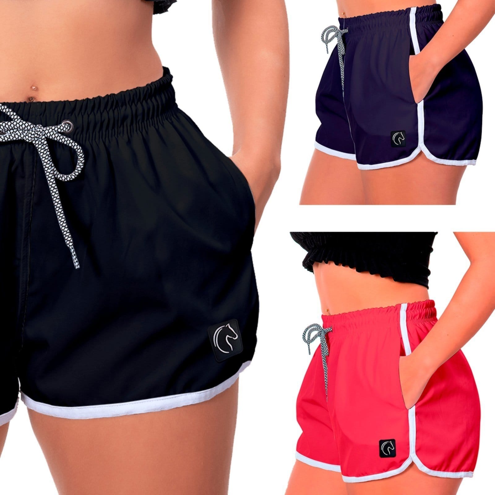 Kit 3 Shorts Feminino Premium Secagem Rápida com Elástico Cordão Ajustável e Bolsos Moda Praia Casual ou Treino Academia e Pink