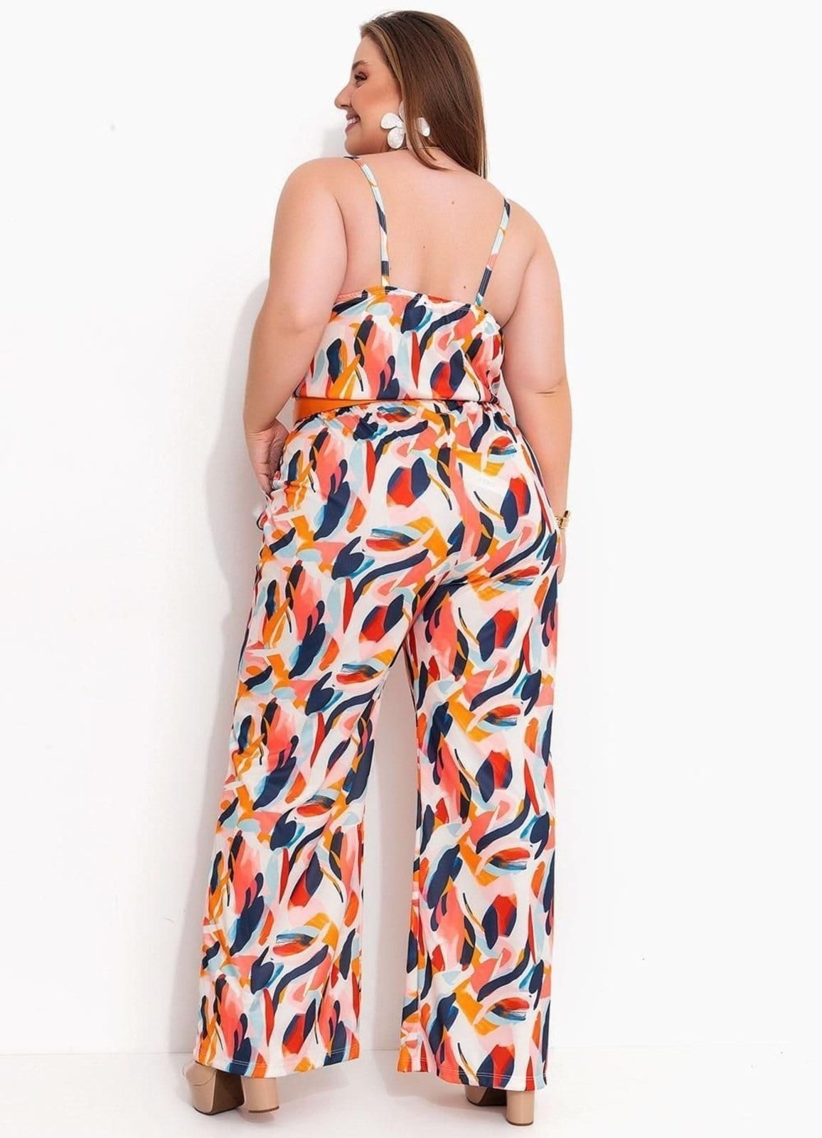 Vista 2 Macacão Em Jersey Acetinado Abstrato Colorido Marguerite laranja