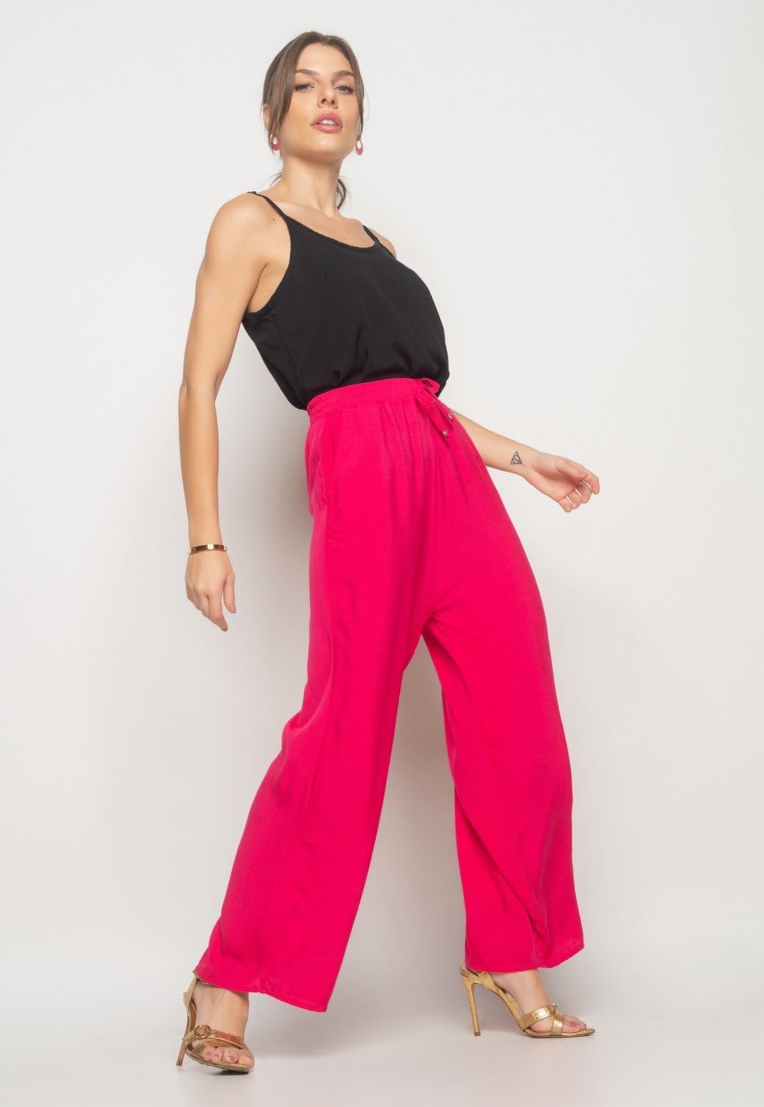 Vista 2 Calça Wide Leg Viscolinho Com Bolso Salvatore Fashion Salvatore Fashion rosa