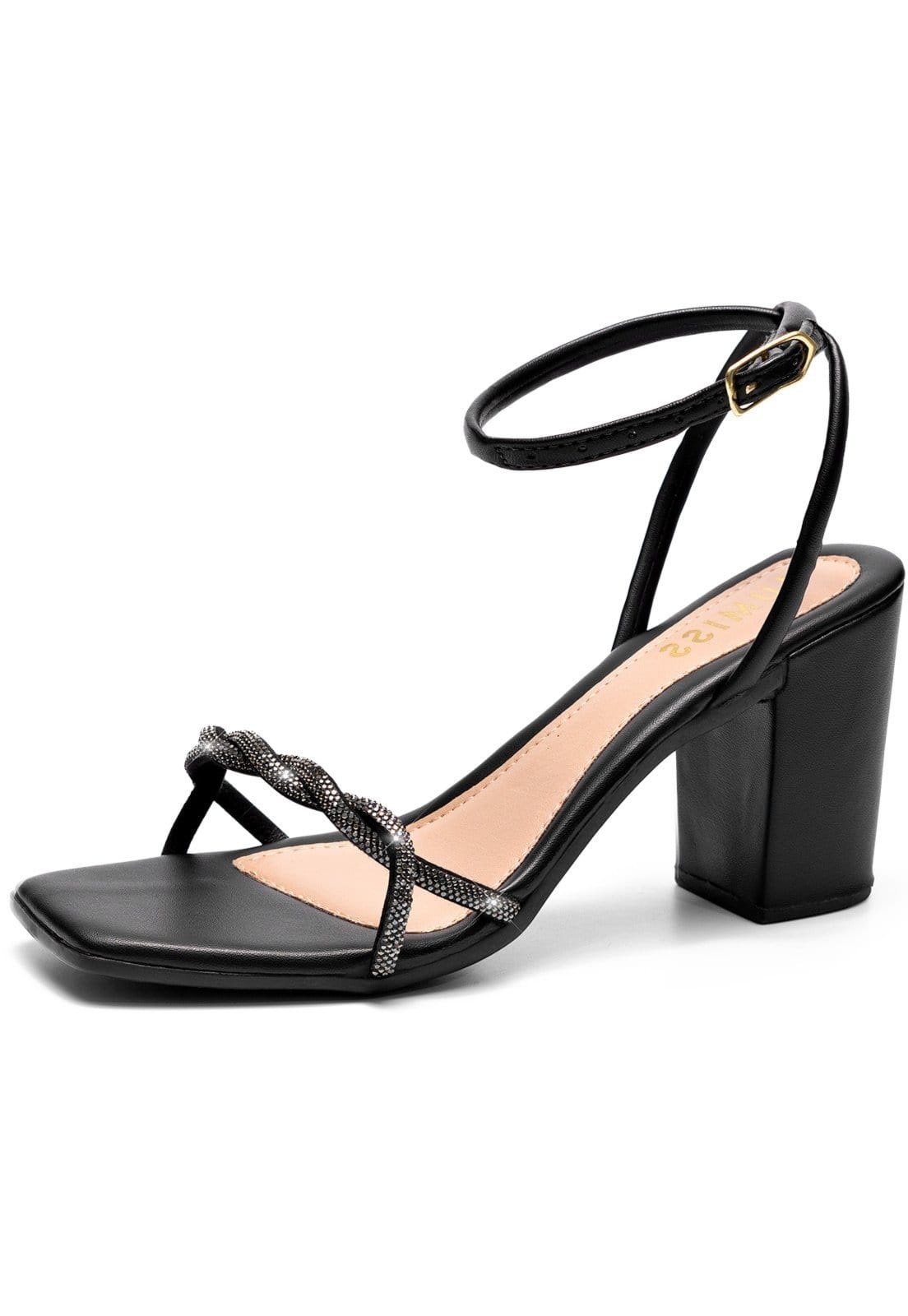 Sandália Feminina Salto Alto Bloco Lumiss Tiras Strass Brilho Trança Confortável