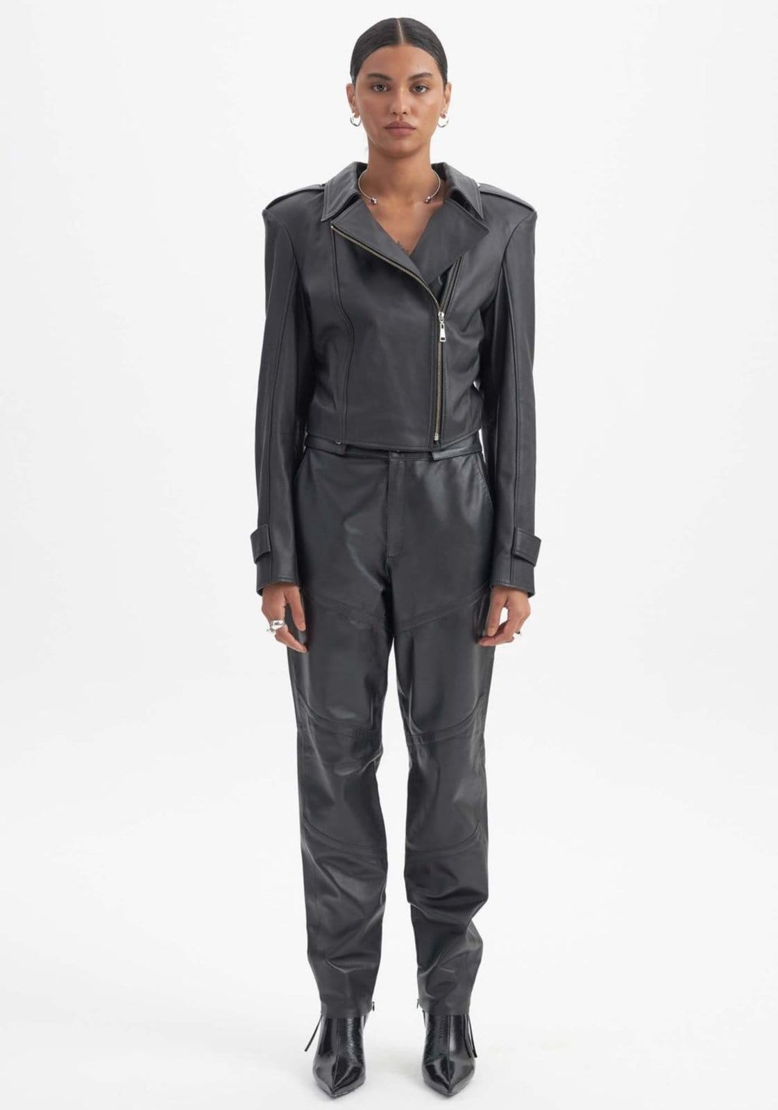 Calça De Couro Com Zíperes