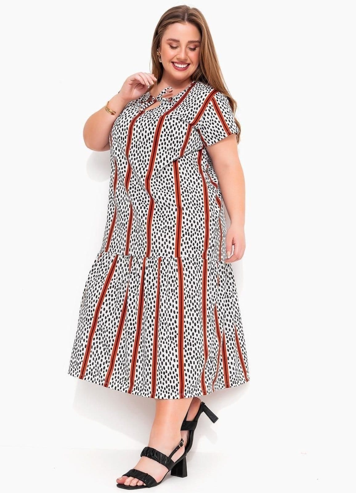 Vestido Em Malha Abstrato E Listras