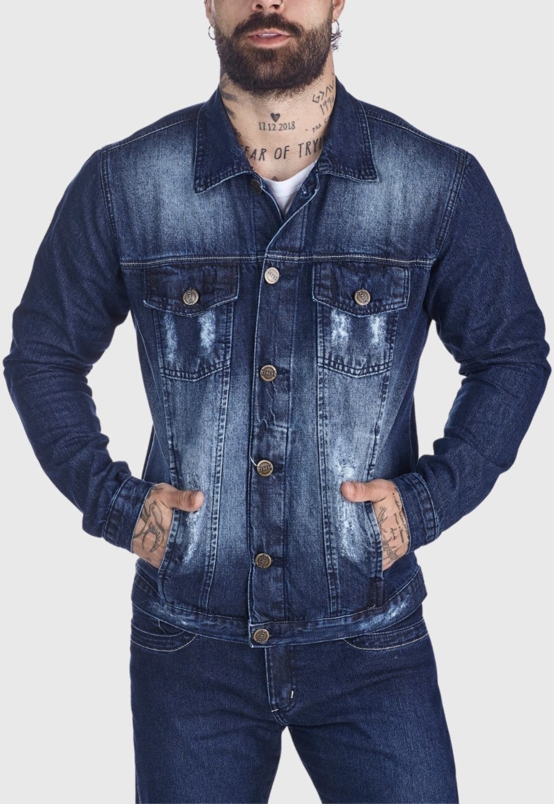 Vista 2 Jaqueta Jeans HNO Jeans Premium Leve Destroyed Used HNO Jeans azul