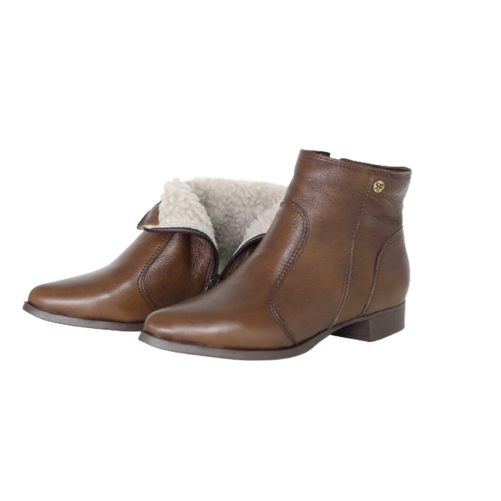 Bota Cano Curto Lã Sintética Couro Salto 2 CM Camel