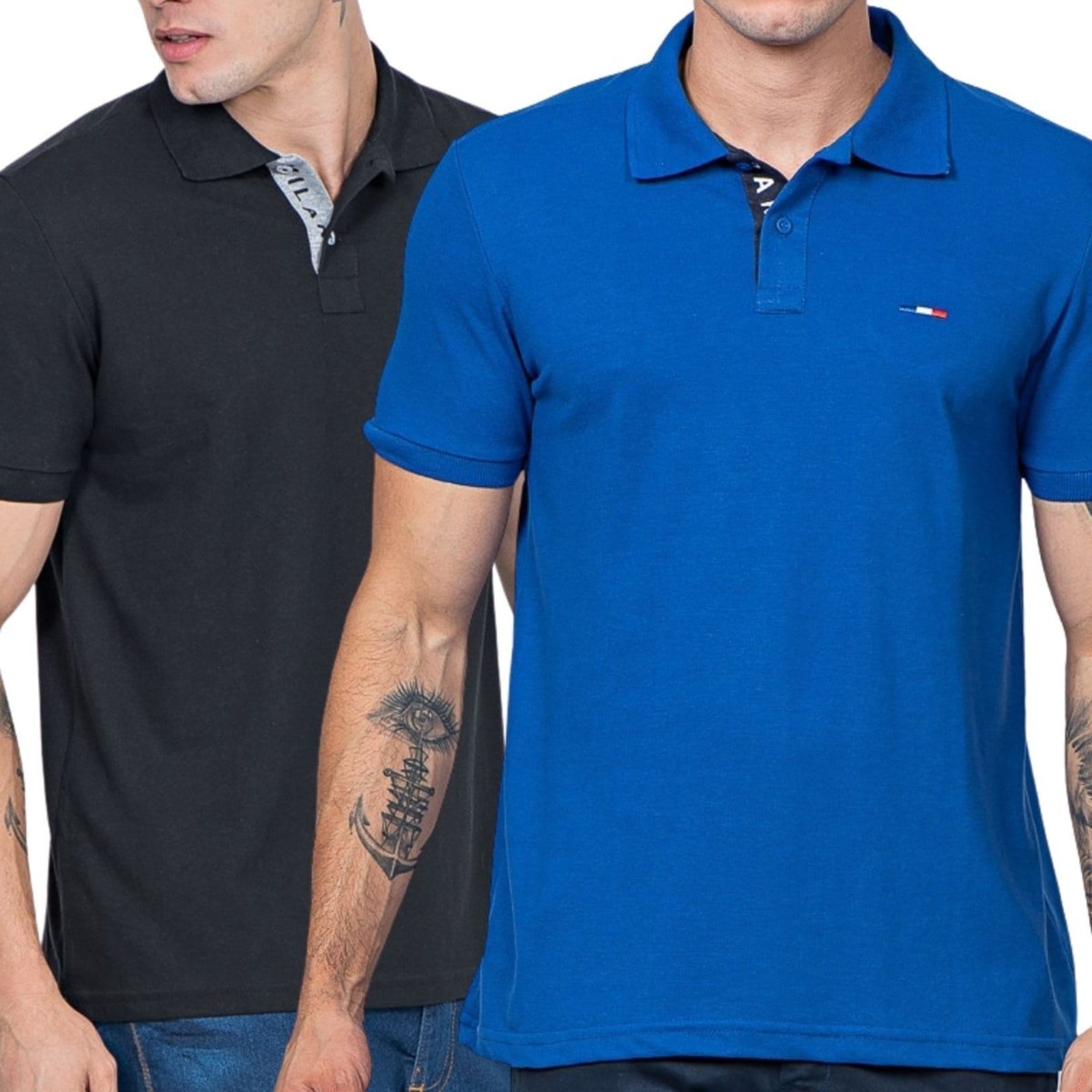 Kit 2 Polos Masculina Básicas FMF Preto e Royal Piquet no Estilo Tommy Bordado França